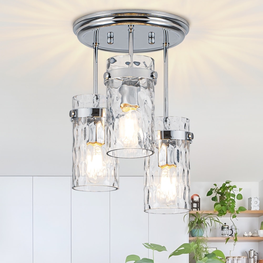 Henveton Essel 9.84 in. 3-Light Chrome Modern Semi Flush Mount Ceiling Light with Water Ripple Glass Shades for Kitchen Island