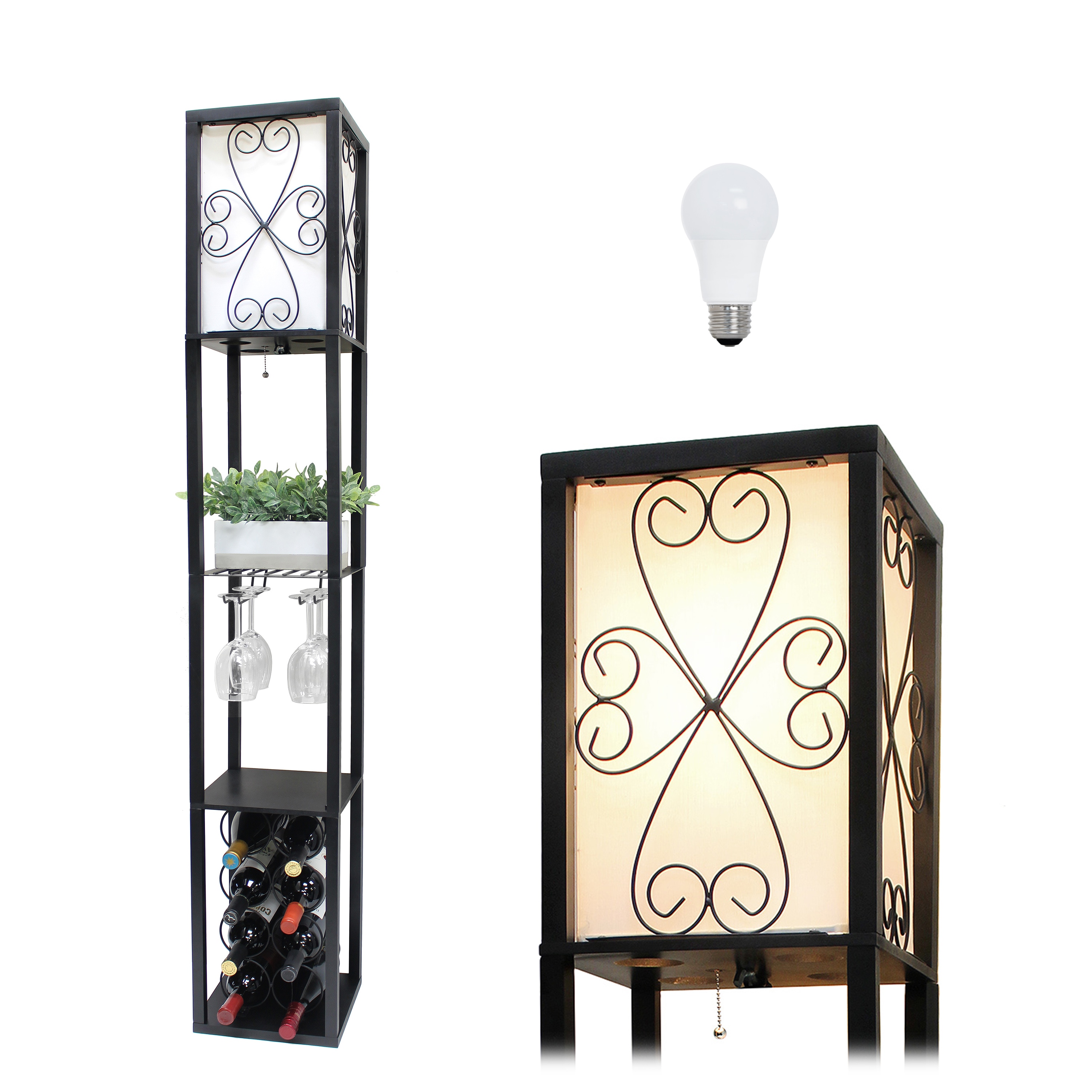 Simple Designs LF1015-BLK-LB 62.5-in Black Shelf Floor Lamp with Linen Shade