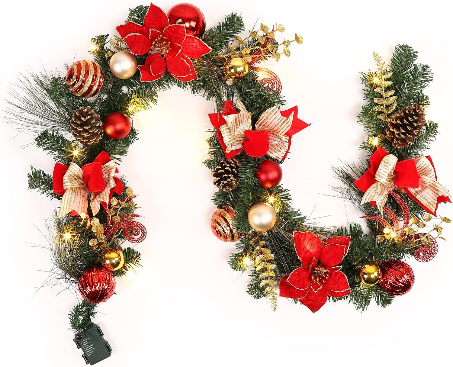 Qeetex JXNAG-PHO-0VGRU8V2 6 Ft Christmas Garland Pre-Lit Christmas Garland With 20 Lights Lighted Battery Operated Xmas Garland with Faux Flower Balls Pine Cones Bow Gold Branches for Mantel Table Porch-Red Gold