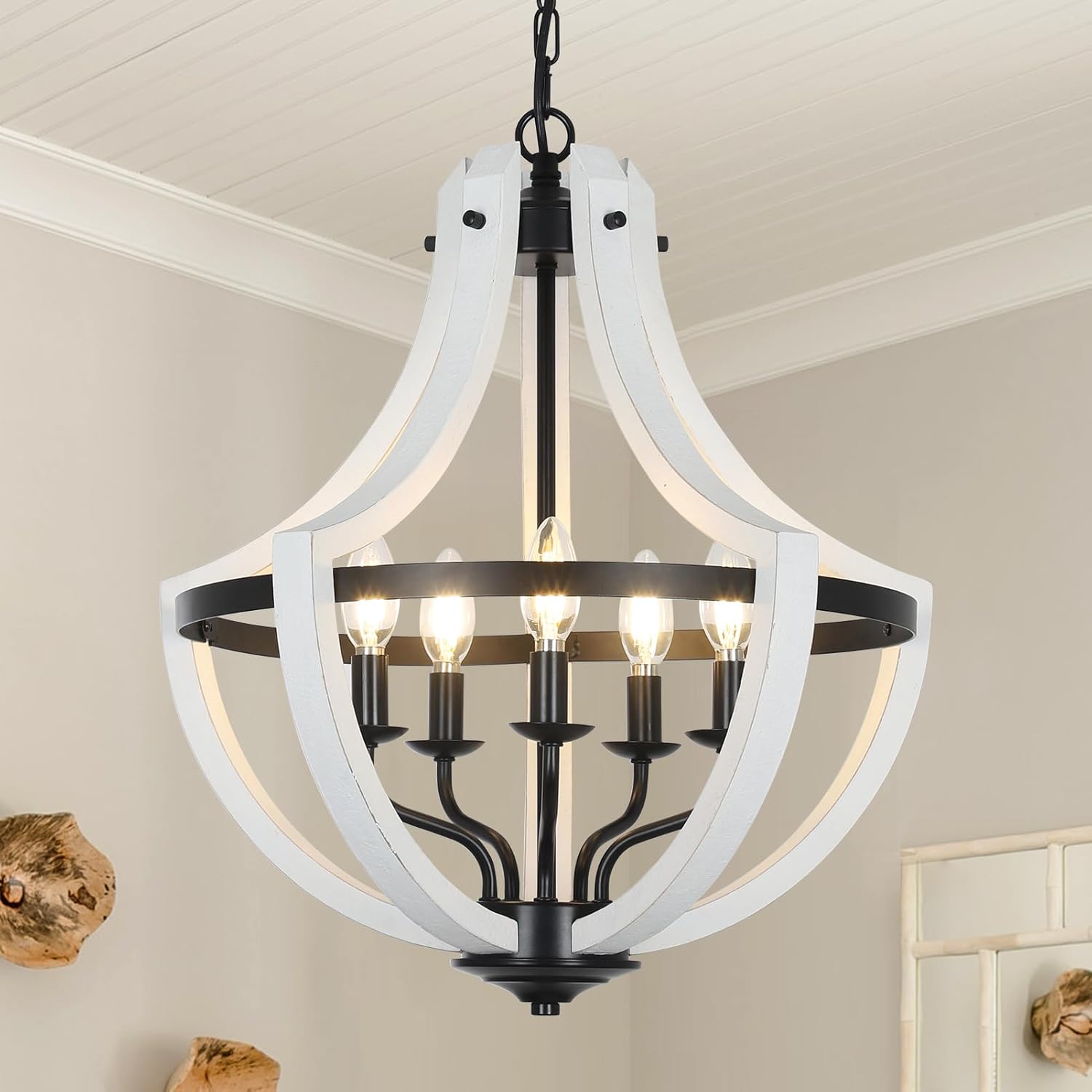Flynama 5 -Light White Wood Chandelier