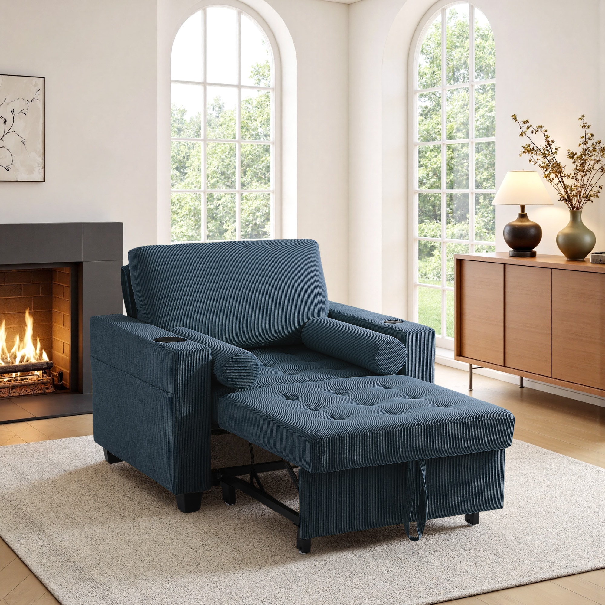 Dreamsidea - Corduroy Tufted 3-in-1 Sofa Bed Chair Sleeper with 2 Pillows USB Outlet and Cup Hold...