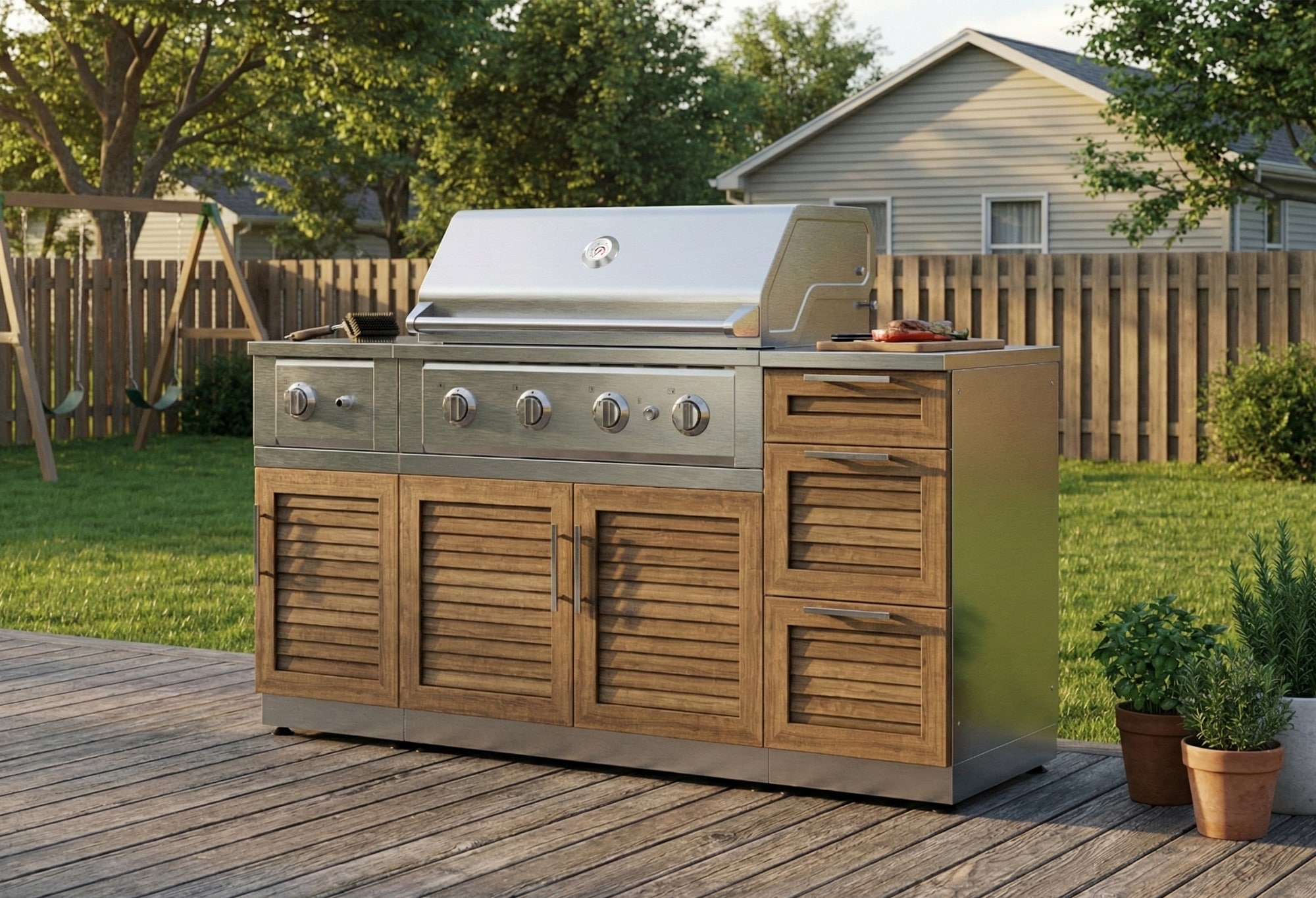 NewAge Products Classic Series 72-in W Modular Outdoor Kitchen Grill island with 5 -Burners Gas Grill, Stainless steel Grove Louvered Door