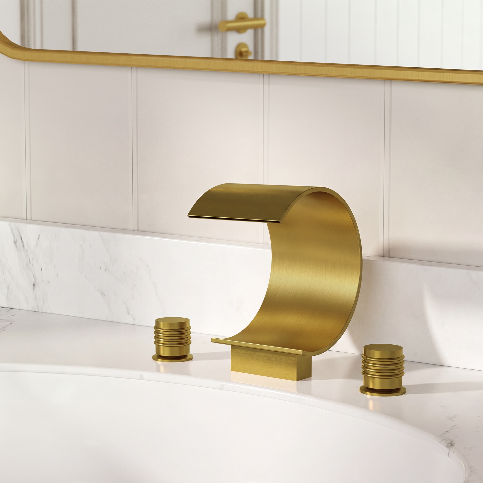 YAWWALK  Brushed Gold Waterfall Widespread 3-hole Knob 2-Handle High-Arc Bathroom Sink Faucet Assembly with Pop-Up Drain