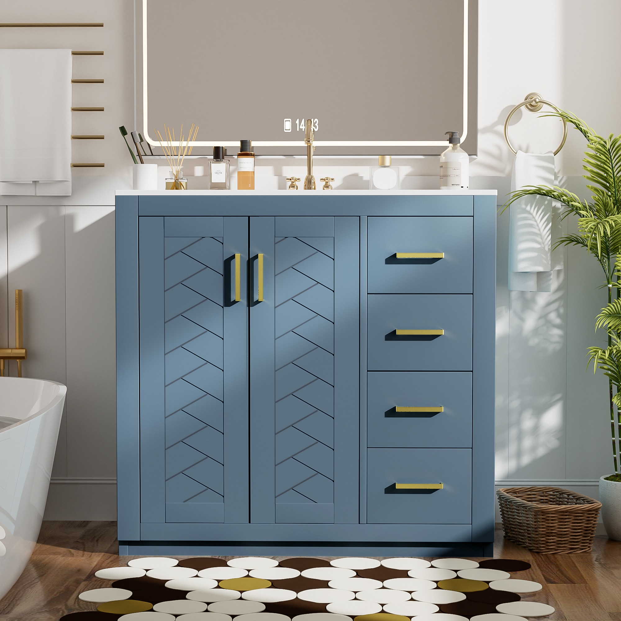 Tatayosi JJ-43327M 36inch Freestanding Bathroom Vanity with Ceramic Sink Combo Solid Wood Frame Storage Cabinet 3 Drawers Soft Closing Doors