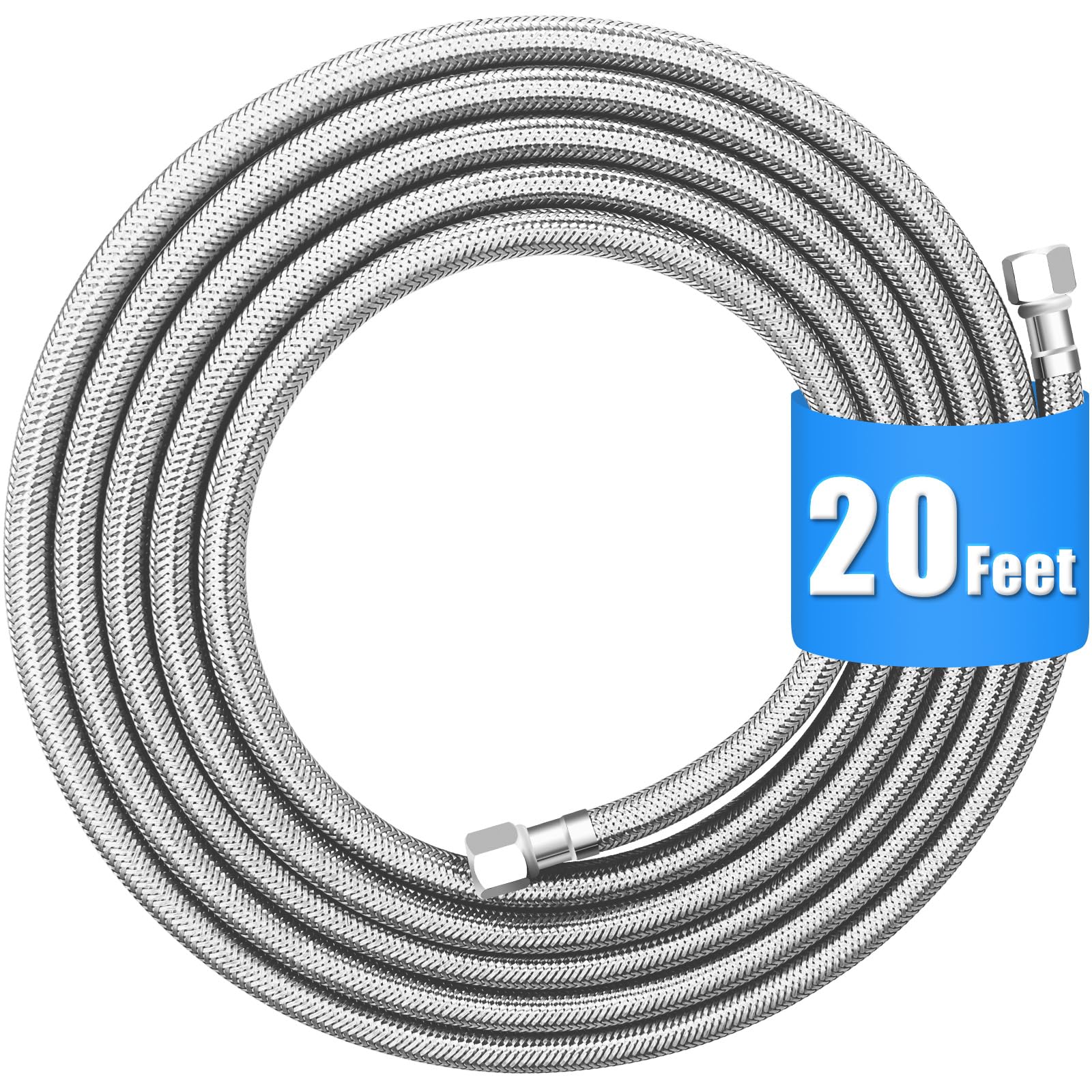 Phyfalip  20 FT Stainless Steel Braided Refrigerator Water Line Food Grade PEX Tube Quarter Inch Fittings for Ice Maker RO System and Drinking