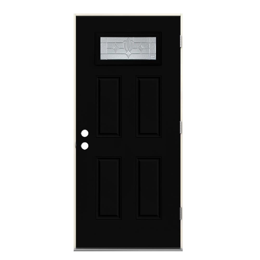 JELD-WEN LOWOLJW230100078 Laurel 32-in x 80-in Steel 1/4 Lite Right-Hand Outswing Peppercorn Painted Prehung Single Front Door Insulating Core