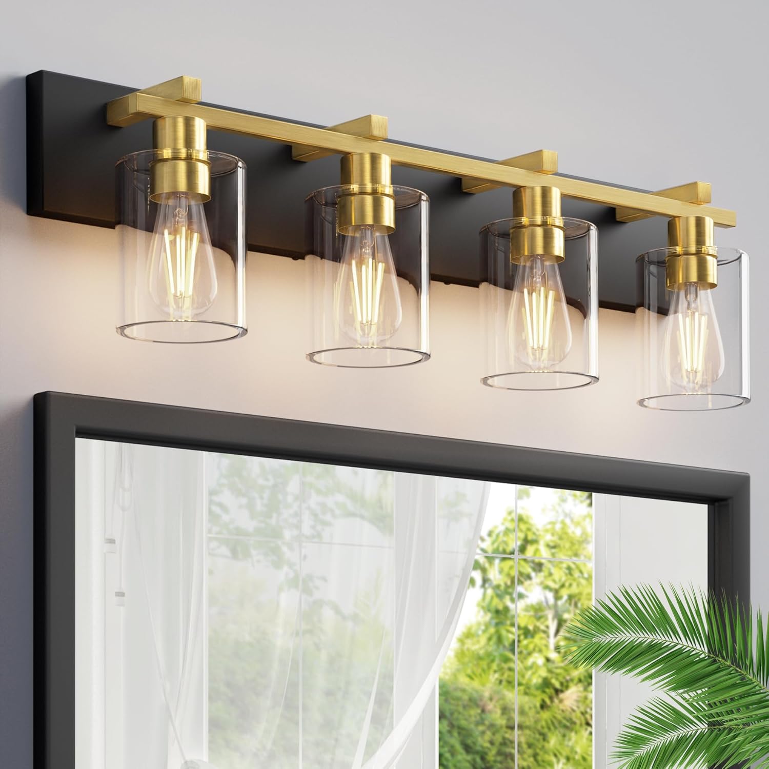Espird 4-Light Matte Black and Gold Vanity Light Fixture with Clear Glass Shades 30 Inch Modern Wall Sconce for Bathroom Mirror