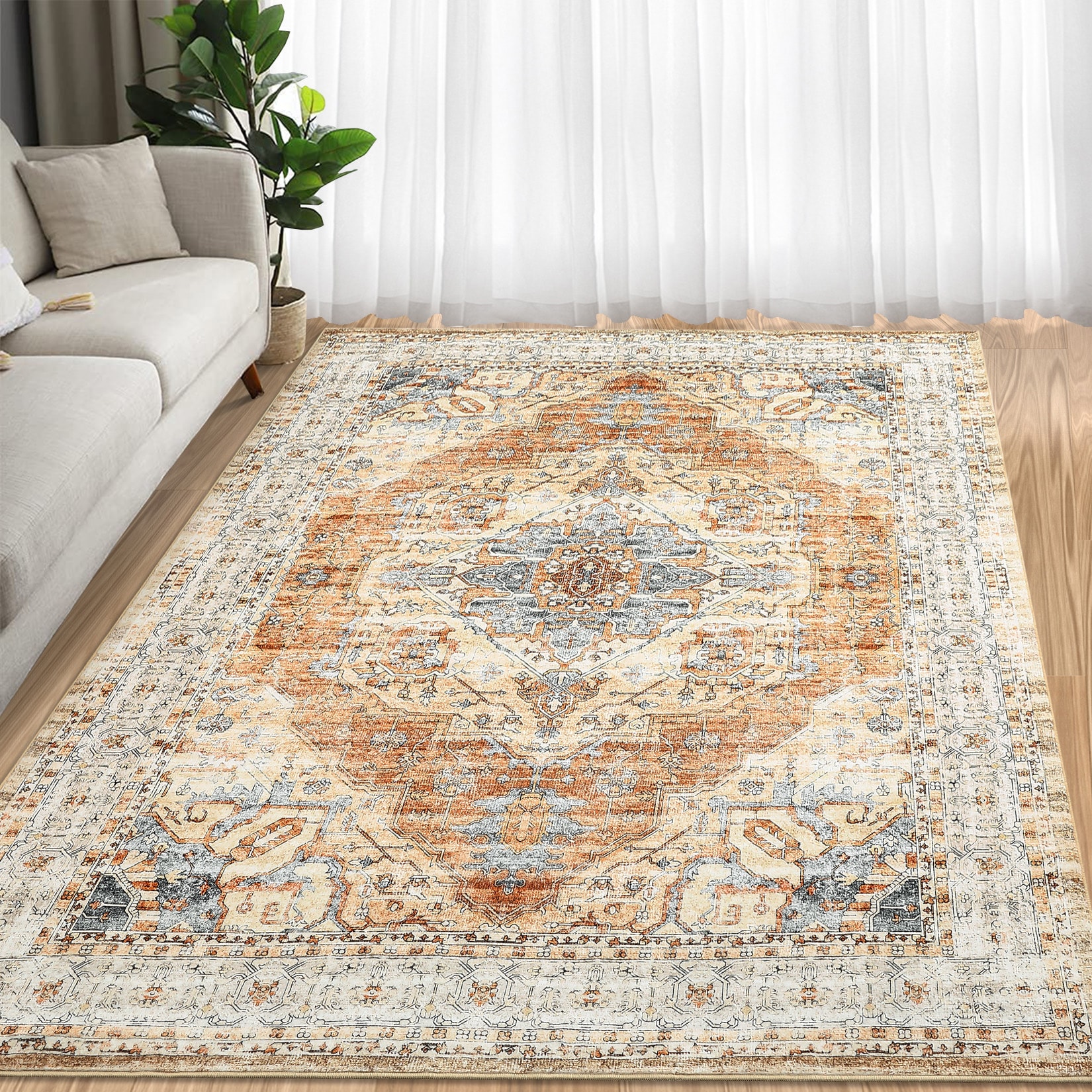 Garvee YXY-LO-PHO-15F9FACV 9 x 12 (ft) Loomed Camel Rectangular Indoor Geometric Vintage Machine washable Pet Friendly Area rug