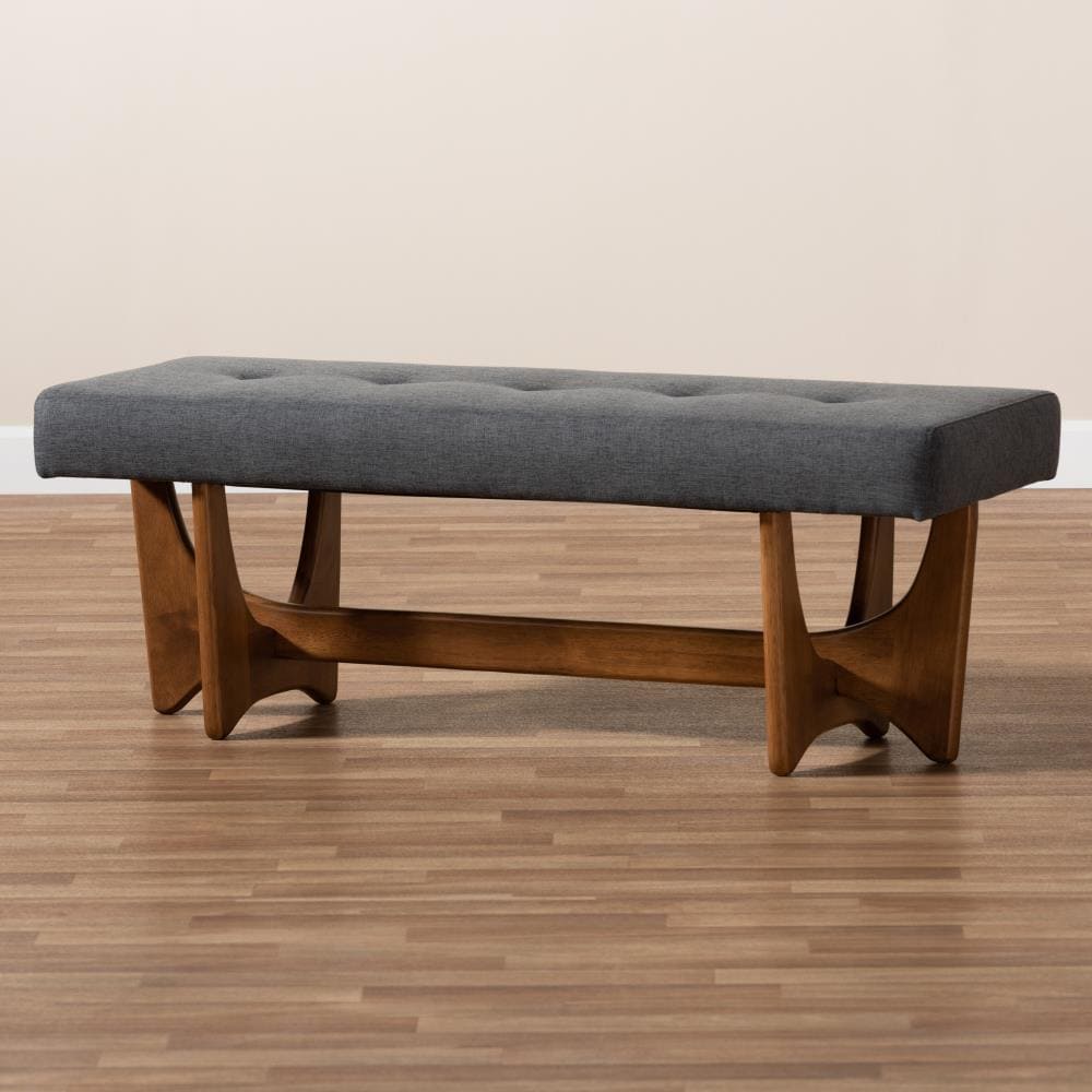 Theo Dark Grey Upholstered Walnut Mid-Century Modern Bench