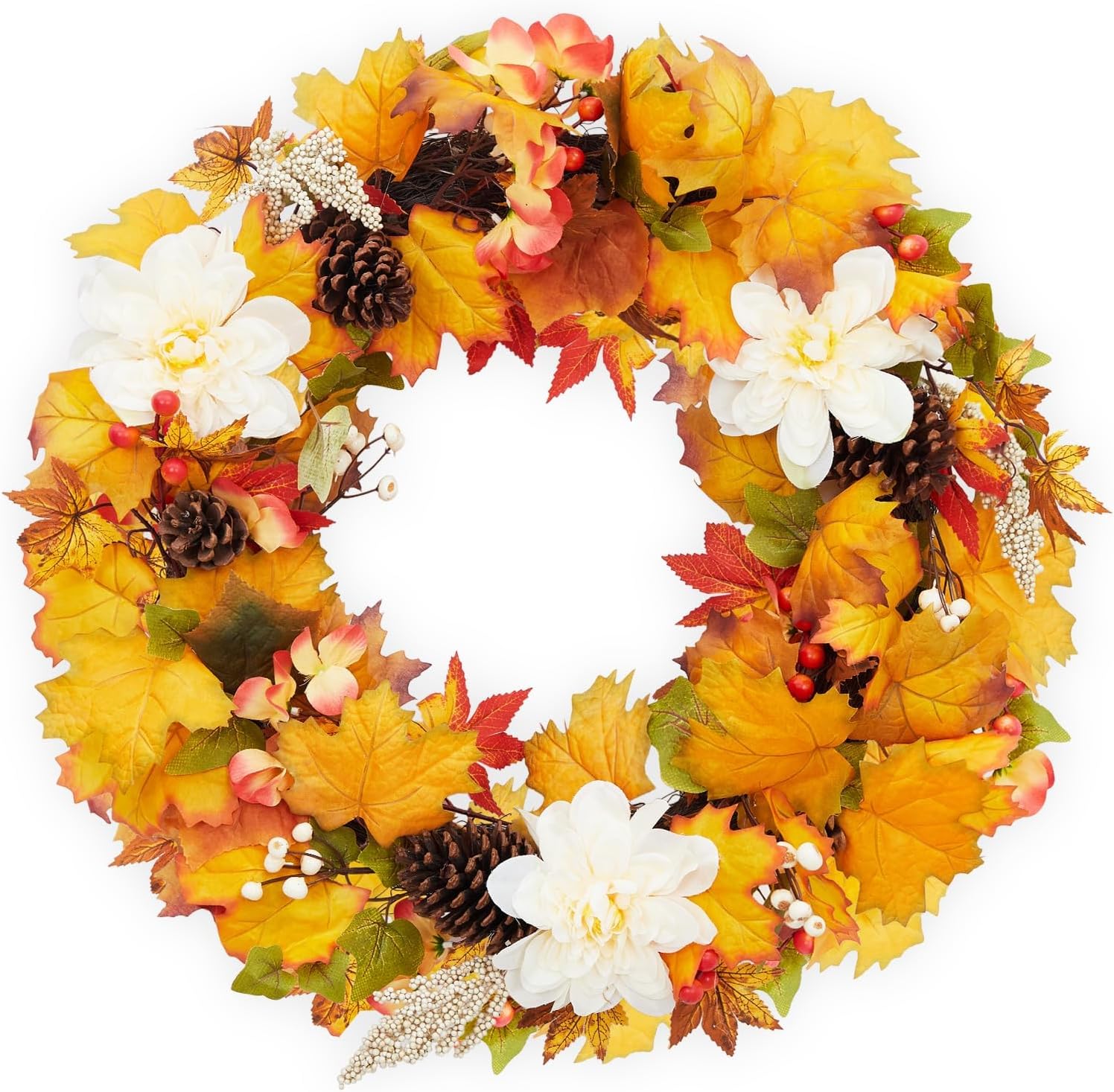 IdealHouse 24-Inch Thanksgiving Fall Wreath With Pinecones Maple Leaves And White Flowers For Front Door Home Office Holiday Decor