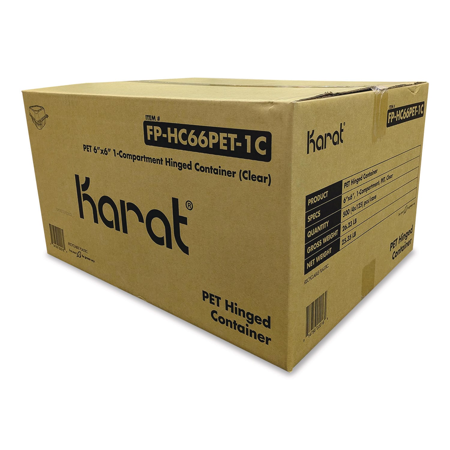 Karat PET Plastic Hinged Container 6 x 6 x 3.3 Clear Plastic 500/Carton