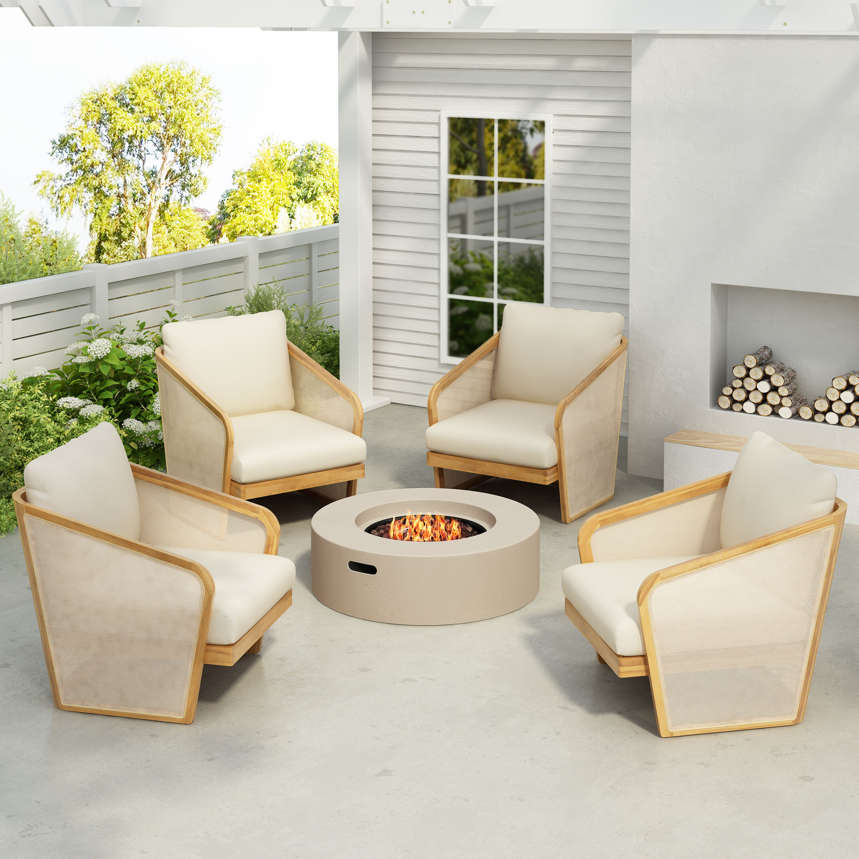 Christopher Knight Home 329404 Lenrn Wood Textilene Club Chair with Acacia Frame and Water Resistant Cushions-Teak Finish+Beige Cushion+Beige Textilene