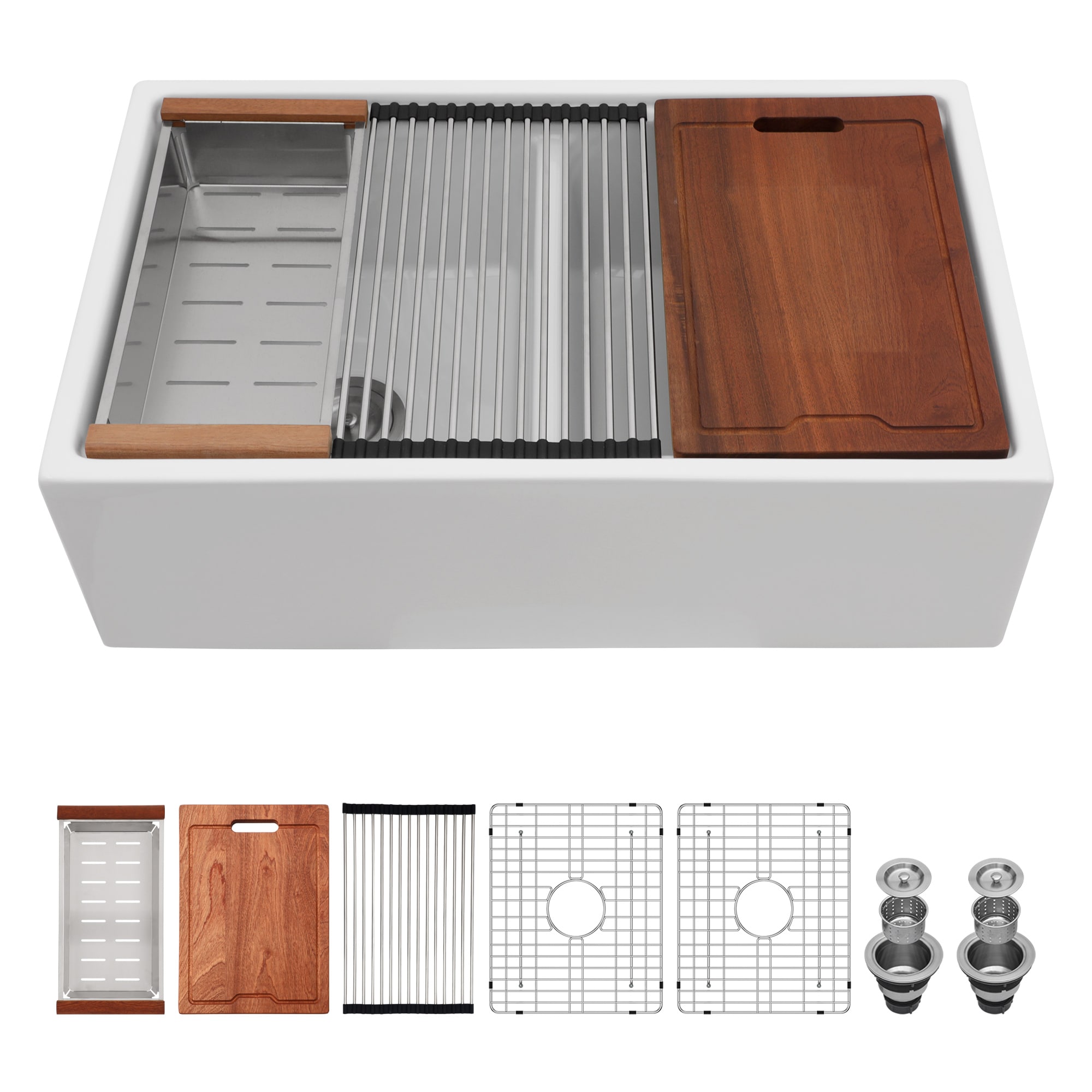 LIVIZA TLG-CM247531 Ceramic Kitchen Sink Farmhouse apron front 33-in x 20-in Porcelain Double equal bowl Workstation Kitchen Sink with Drainboard