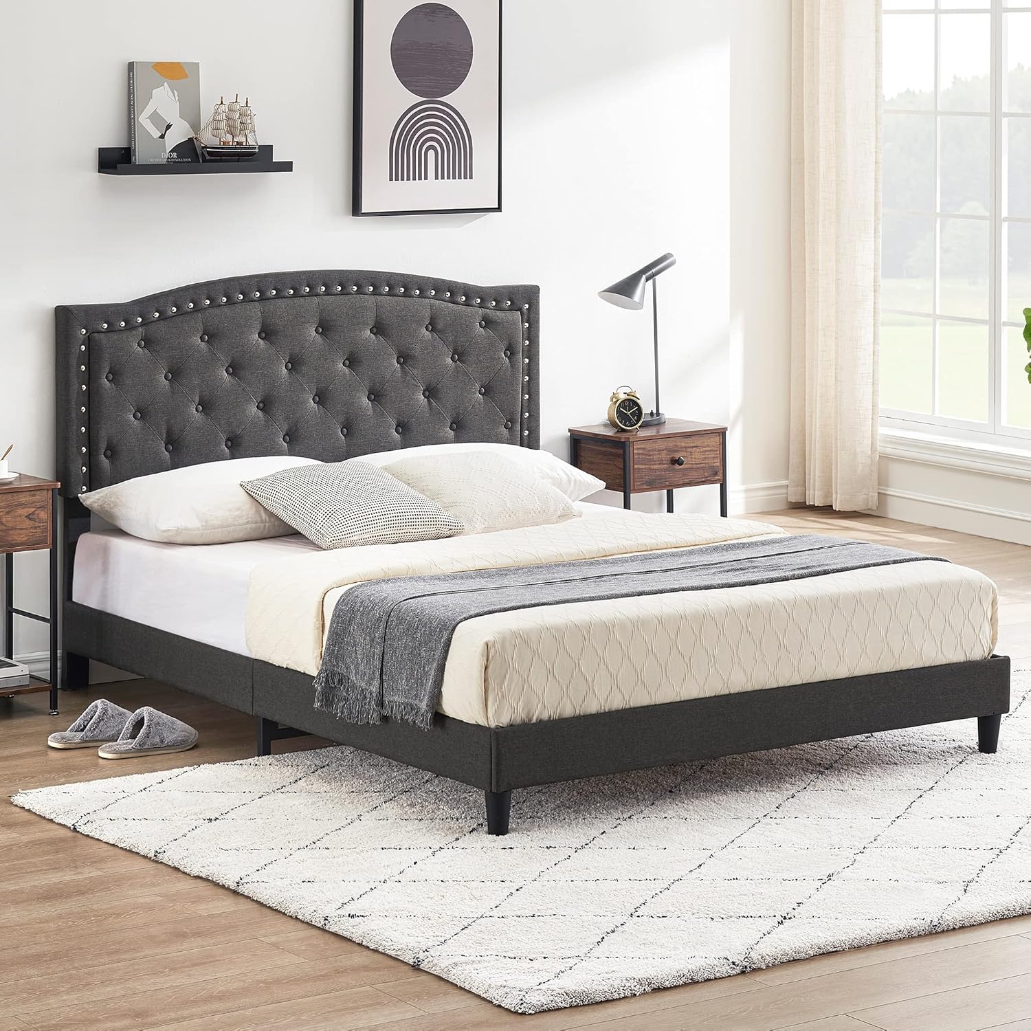 Qeetex LHF-BED-PHO-0XYU1FI1 Queen Size Bed Frame Upholstered Platform Bed Frame with Adjustable Button Tufted Headboard with Nailhead Trim Wood Slat Support No Box Spring Needed Grey