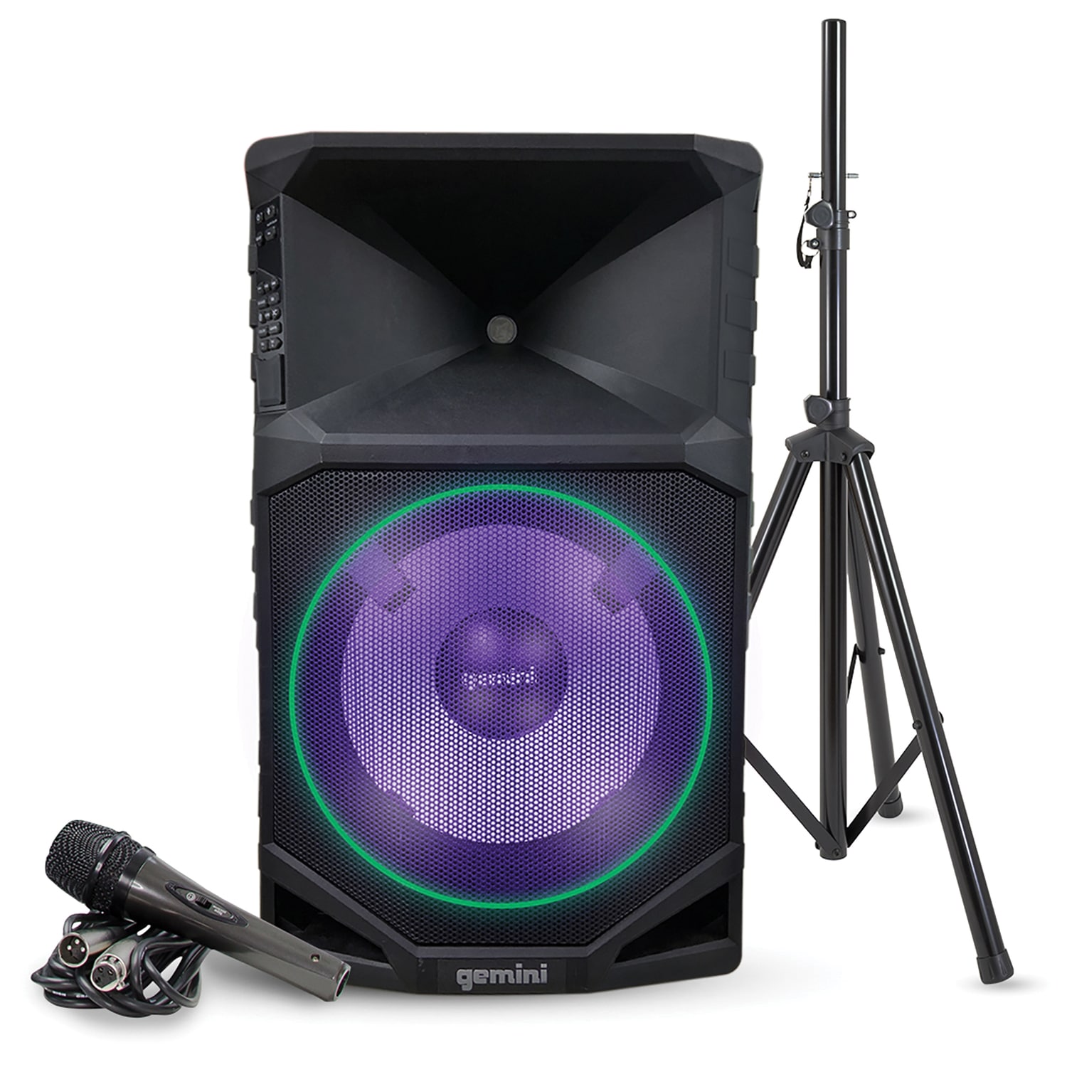 Gemini GSW-T1500PK Portable Bluetooth Outdoor Party System with LEDs,  Stand, and Microphone at