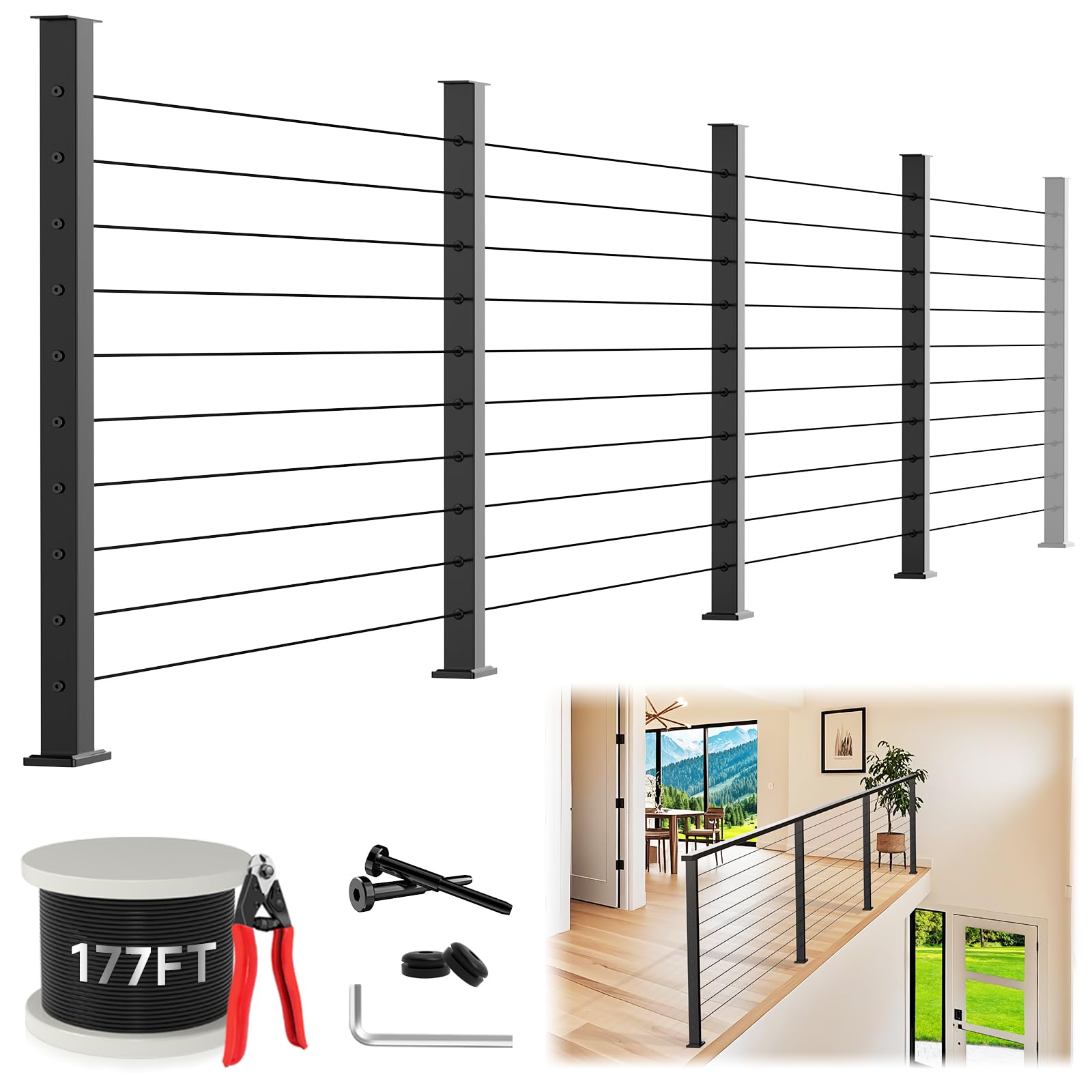 Misopily  36 Inch Black Cable Railing Post Kit Modular System with 4 Level Posts and 177ft One Eighth Inch Wire Rope Adjustable Length for Deck