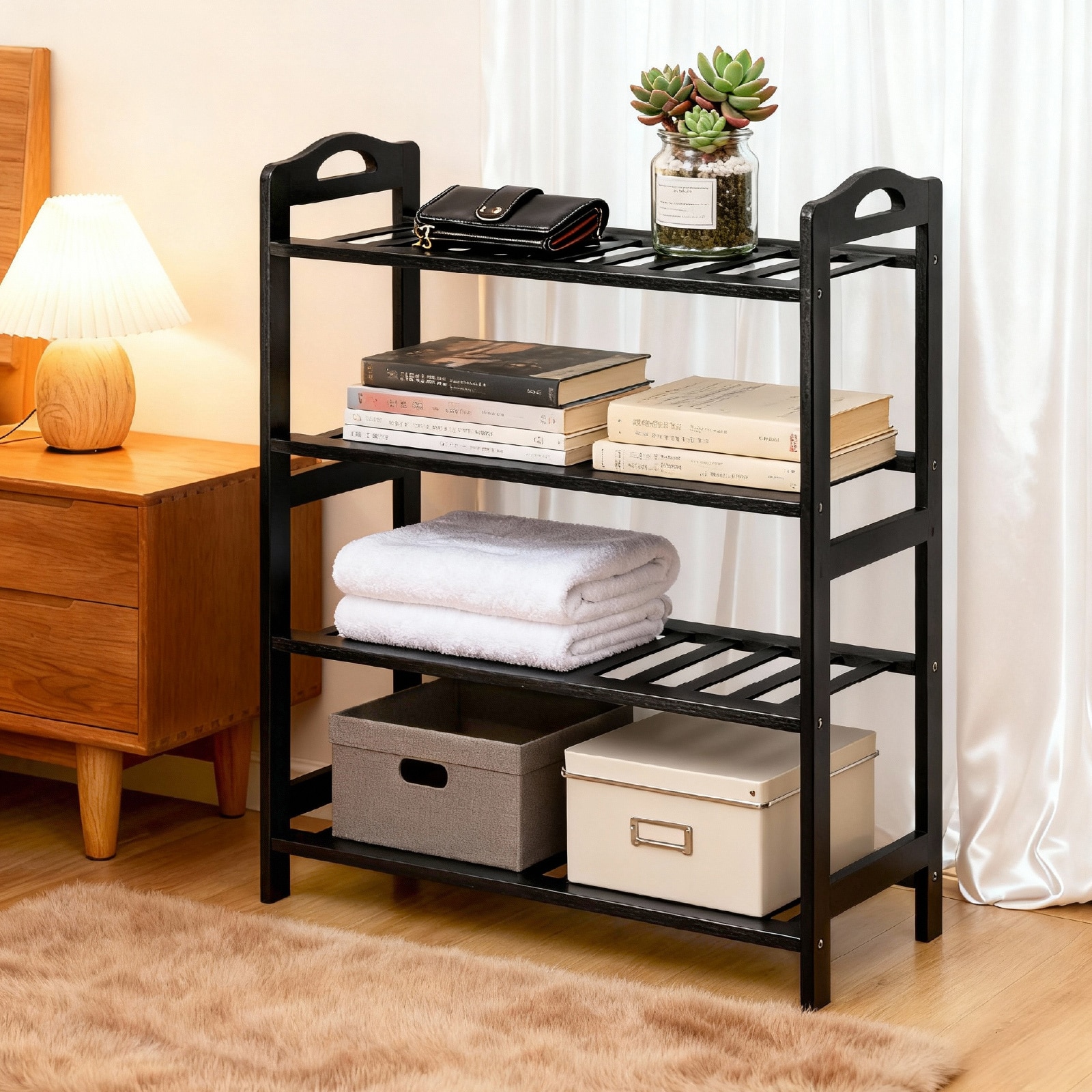 ROSMENA Portable 4 Tier Black Bamboo Shoe Rack with Handles 12 Rod Sturdy Frame Space Saving for Apartment Dorm Entryway