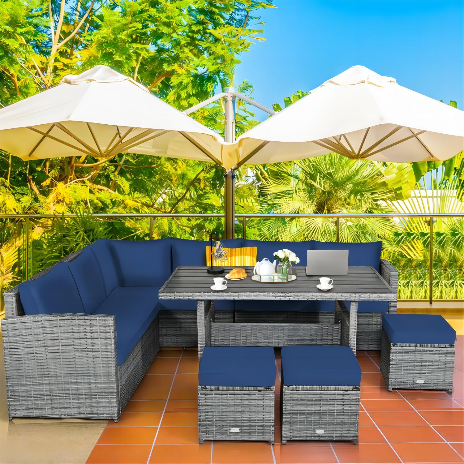 7 Pieces Patio Rattan Navy Blue Dining Furniture Sectional Sofa Set with Wicker Ottoman | - Forclover HYFAS18NY