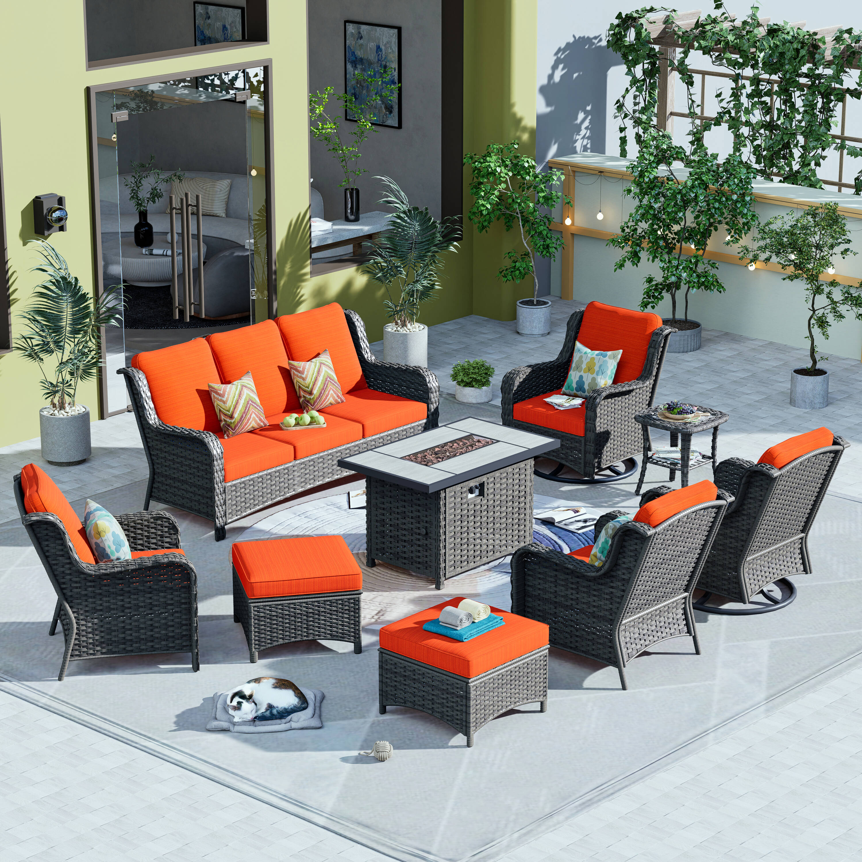 Pouuin SRFPGNTC809 9-Piece Rattan Patio Conversation Set with Orange Cushions