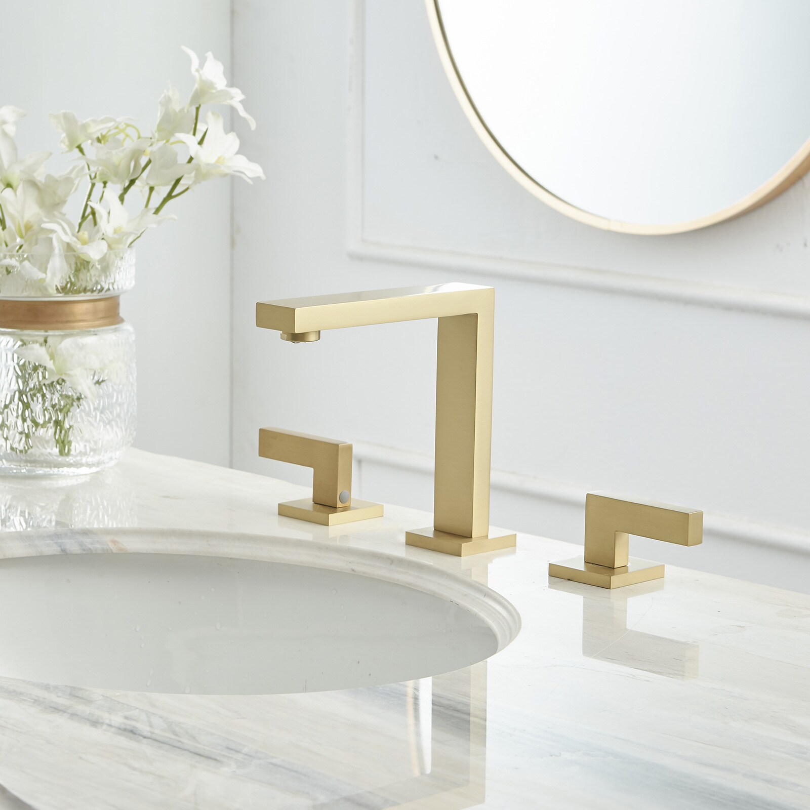 Brushed Gold Modern Widespread Bathroom Faucet with Lever Handles