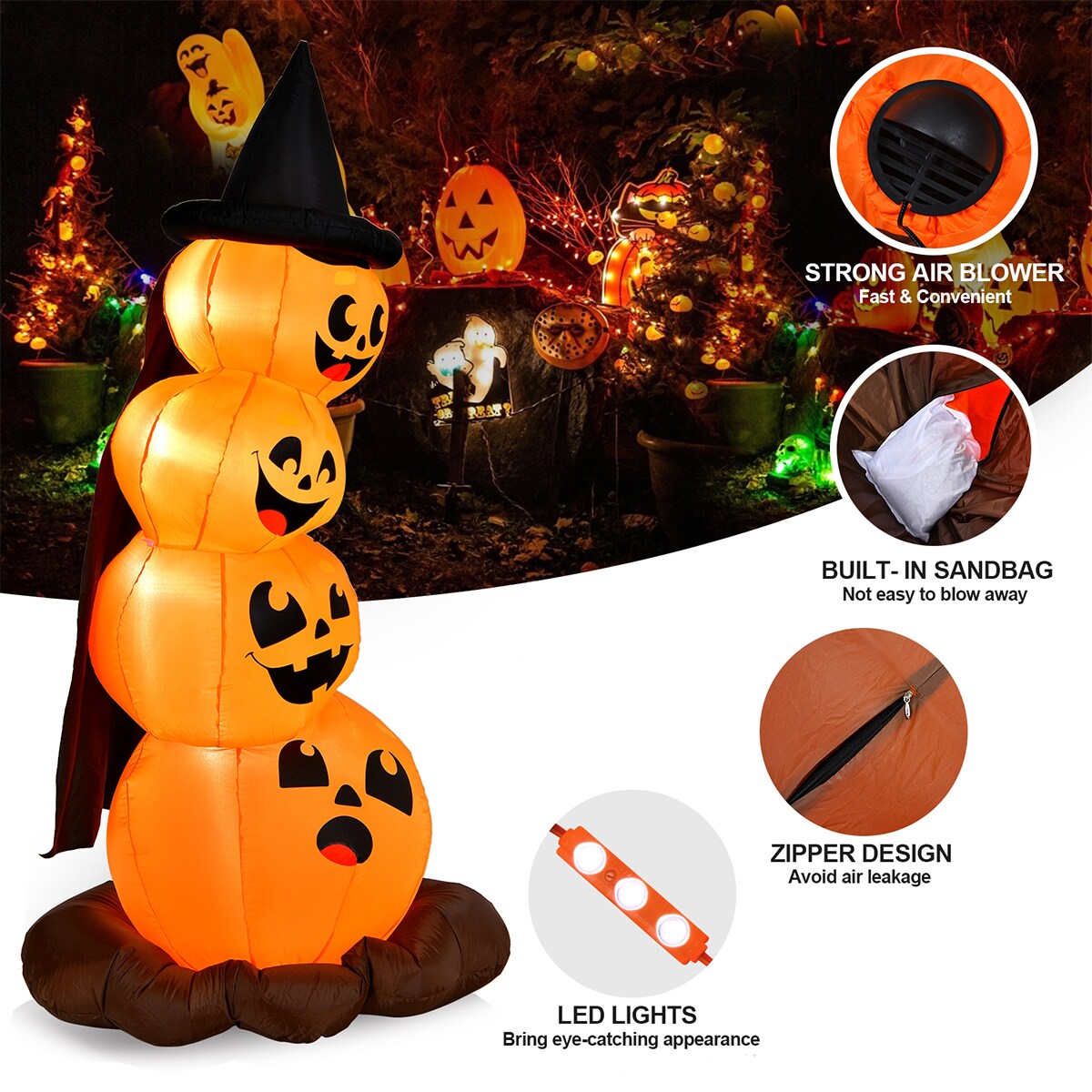 WELLFOR 7-ft Lighted Pumpkin Inflatable in the Outdoor Halloween ...