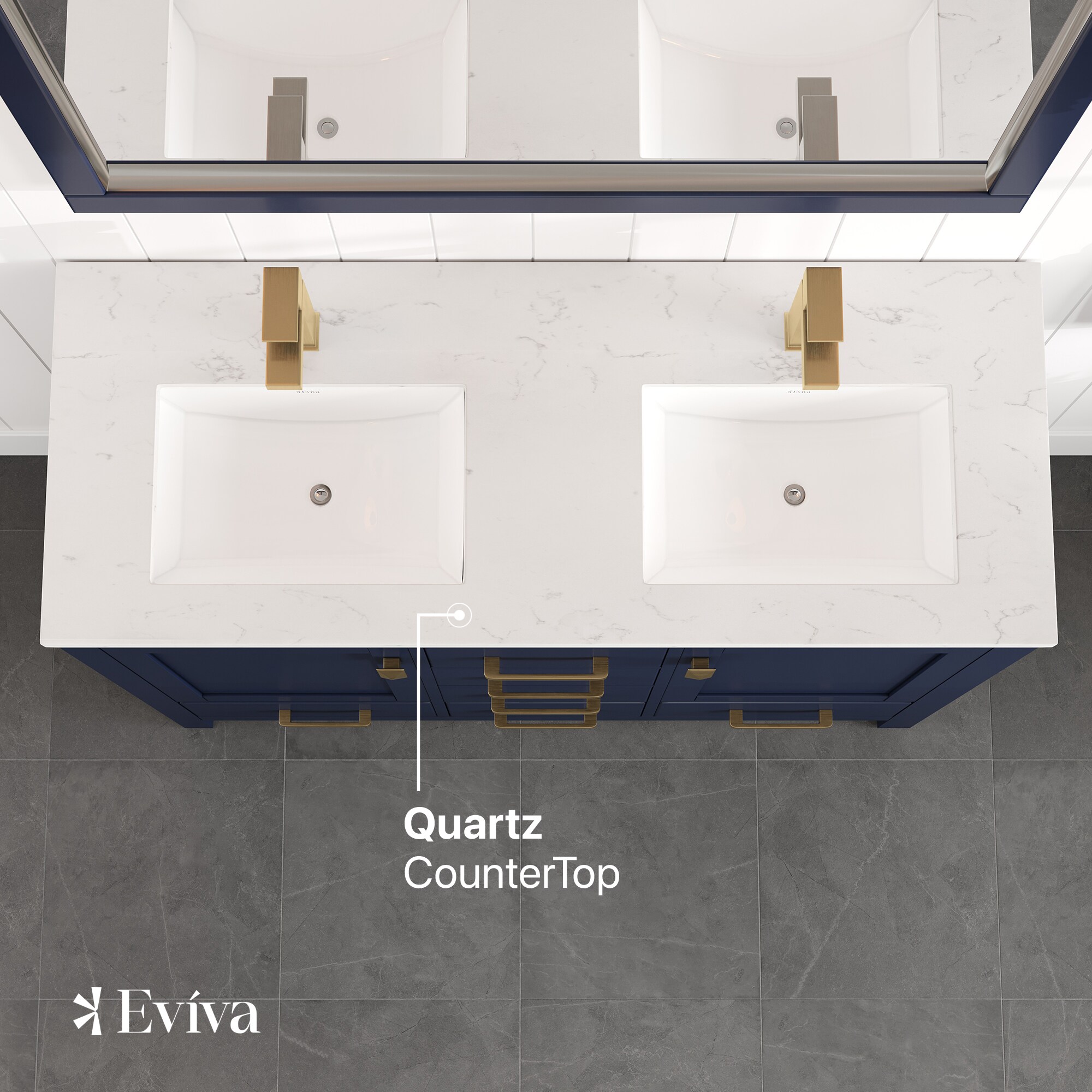 London 54" Blue Solid Wood Double Sink Bathroom Vanity with Quartz Top