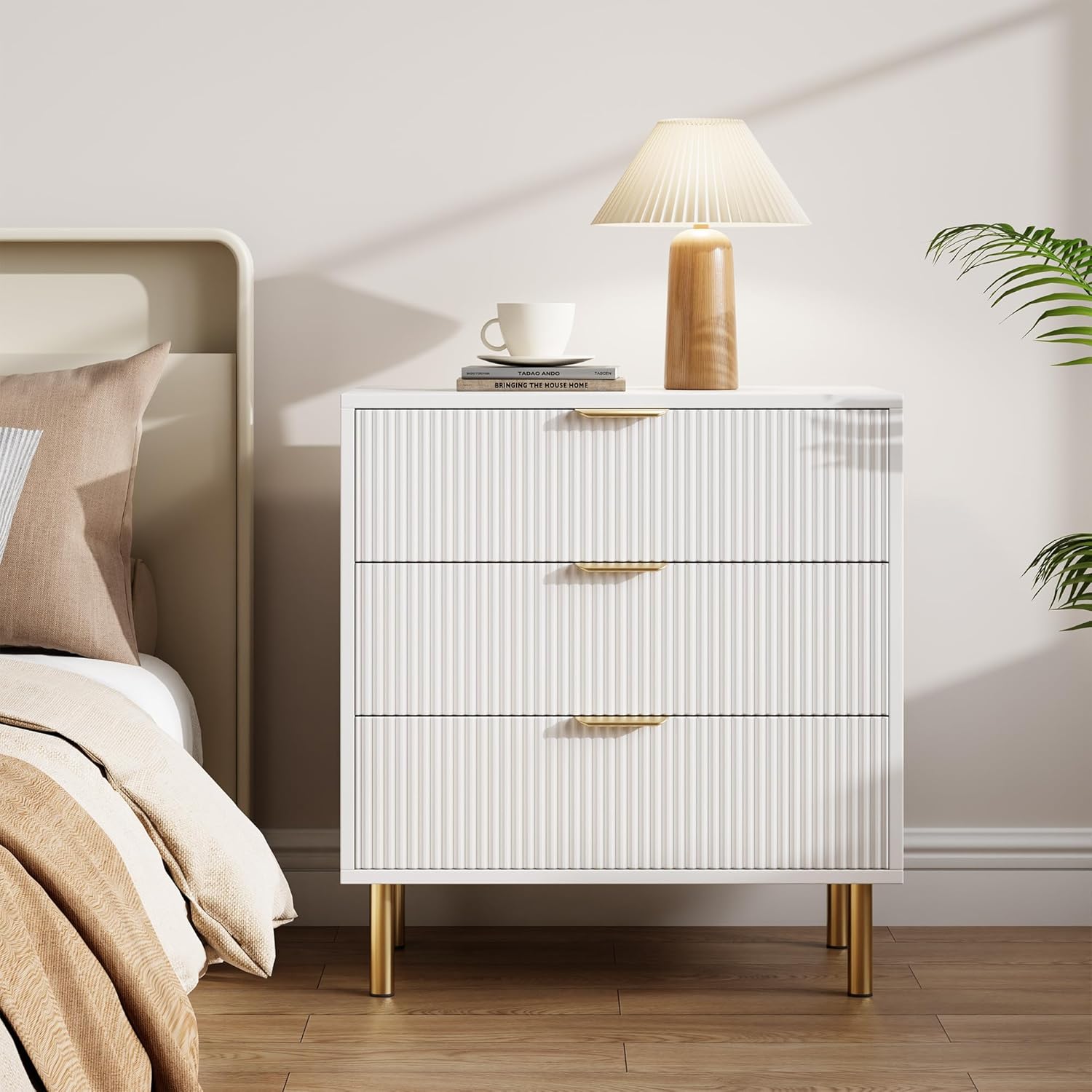Qeetex DHZ-PHO-16OULPFD White 3 Drawer Dresser for Bedroom Large Nightstand Chest of Drawers Modern Wood Storage Dresser Organizer with Gold Metal Handles and Anti Tipping Device for Hallway Entryway