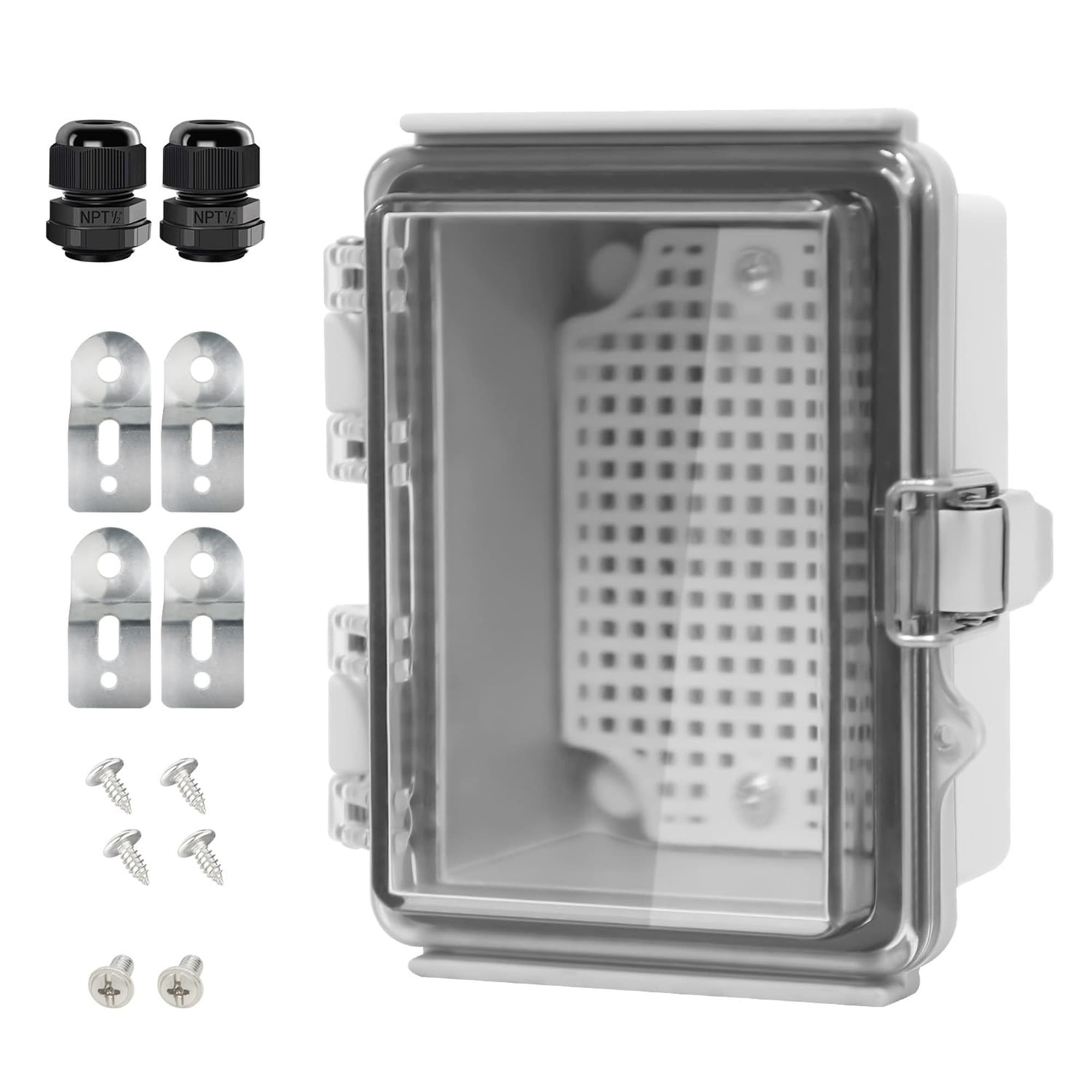 Numhew ABS Electrical Enclosure with Hinged Clear Cover Mounting Plate and Cable Glands