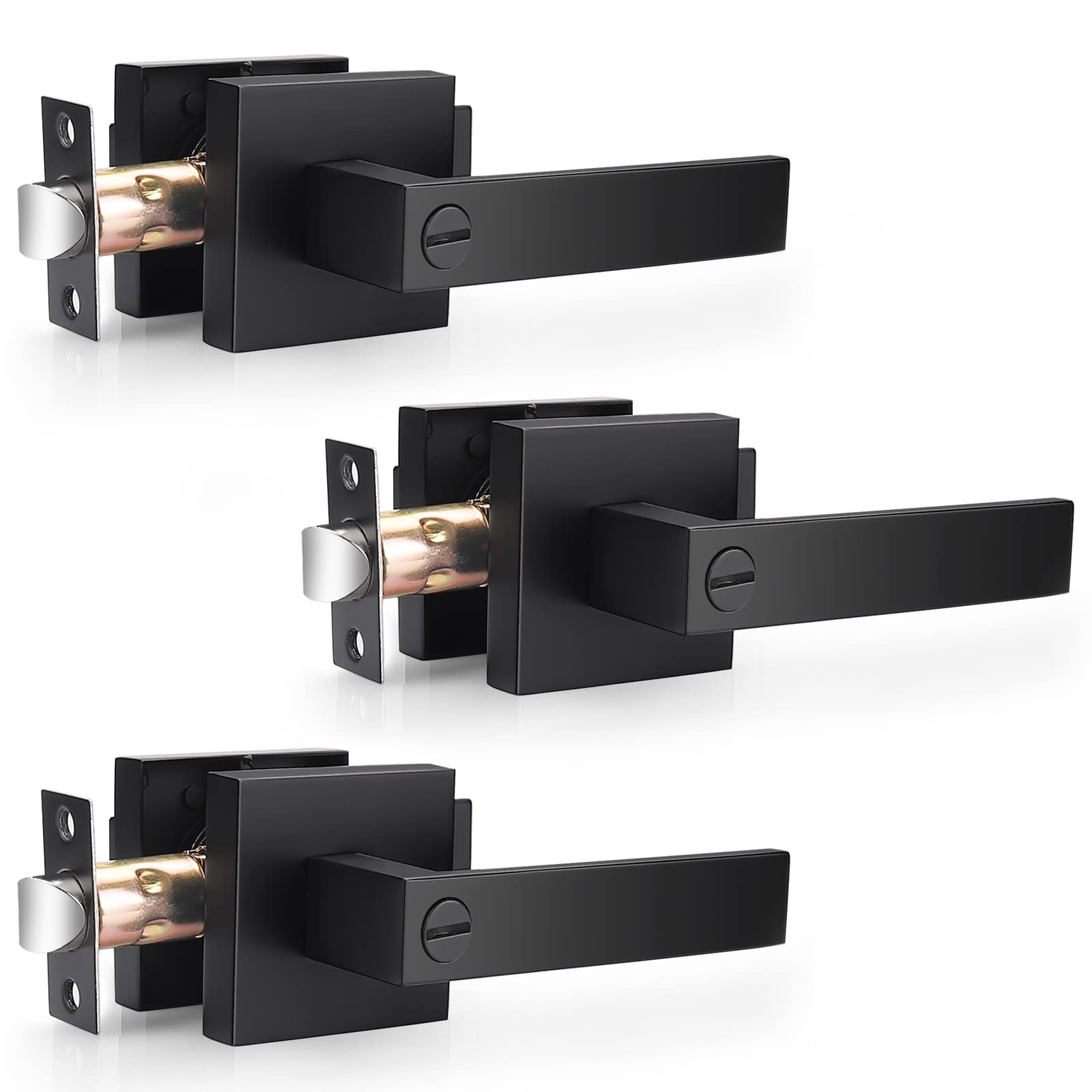 AKSCYZM  Matte Black Square Privacy Door Levers 3 Pack Heavy Duty Interior Door Handles Keyless Reversible Handlesets for Bedroom Bathroom