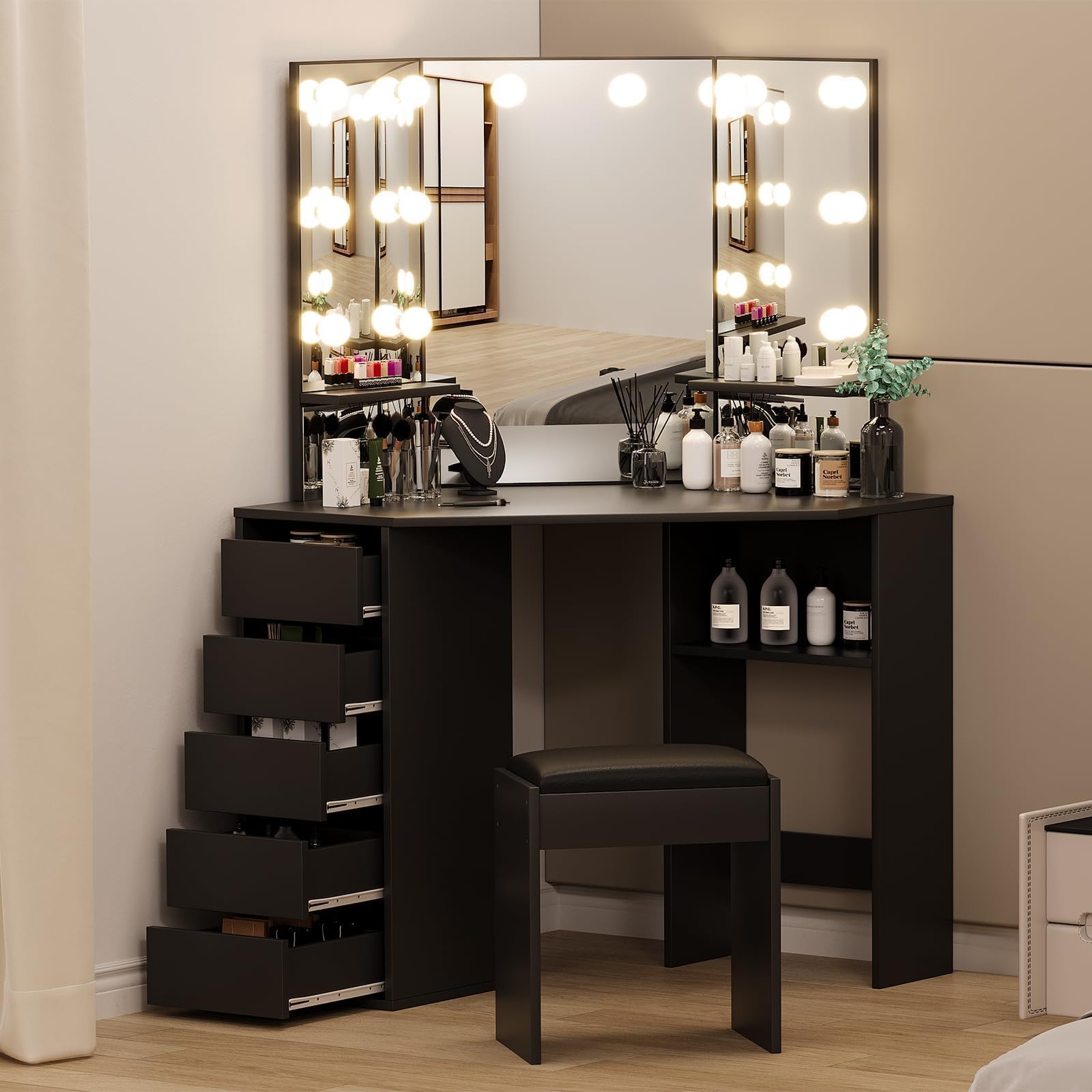 DEXSO Corner Vanity Desk and Bench Makeup Vanity Table with 3 Folding Lighted Mirrors Charging Station 5 Drawers 43 X 21 X 57 Inch Black