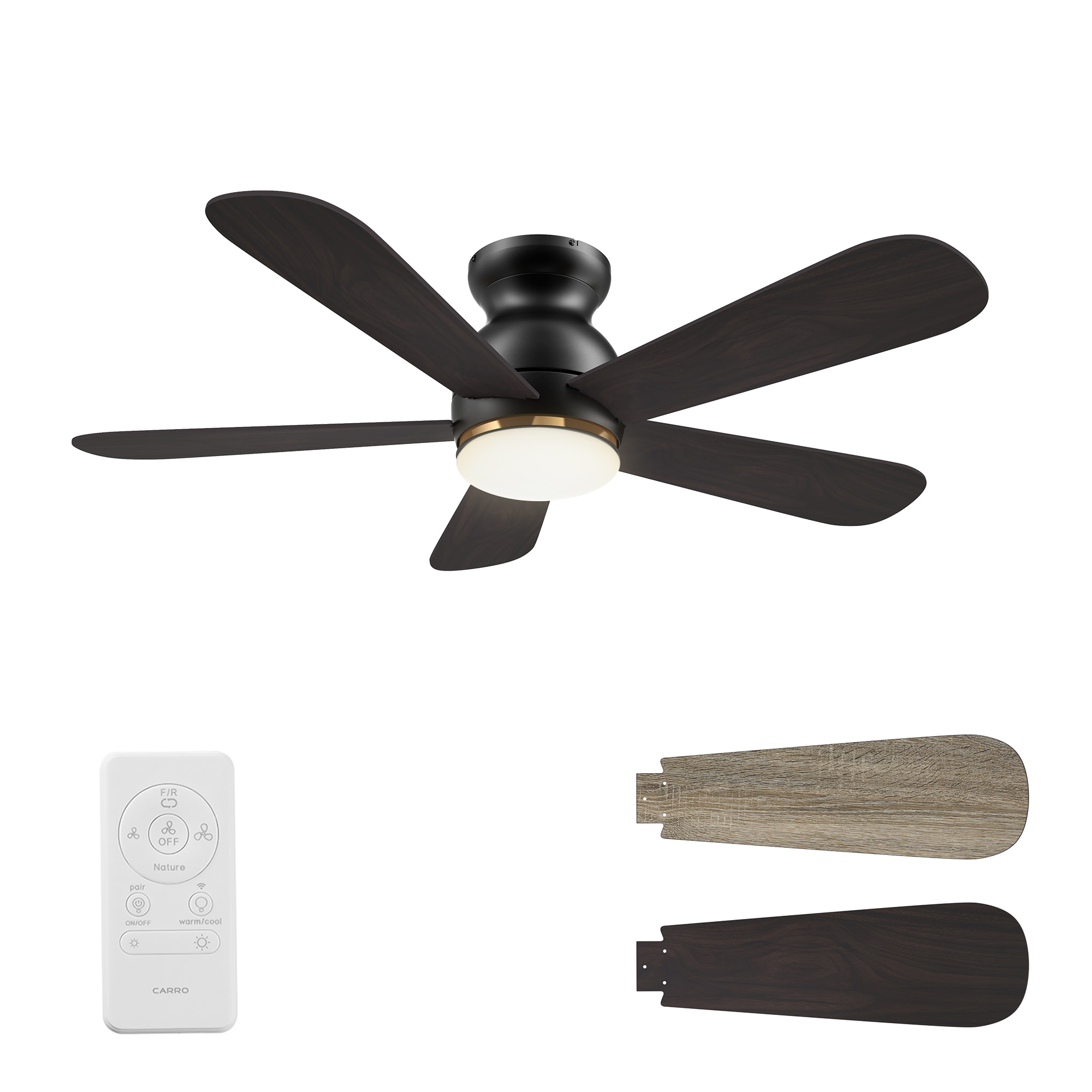 CARRO USA LS485Q-L12-BG-1-FM Kaze 48-in Integrated LED Outdoor Flush Mount Smart Black with Wooden/Walnut Blades Ceiling Fan With Light - Remote Included ( 5 -Blade )