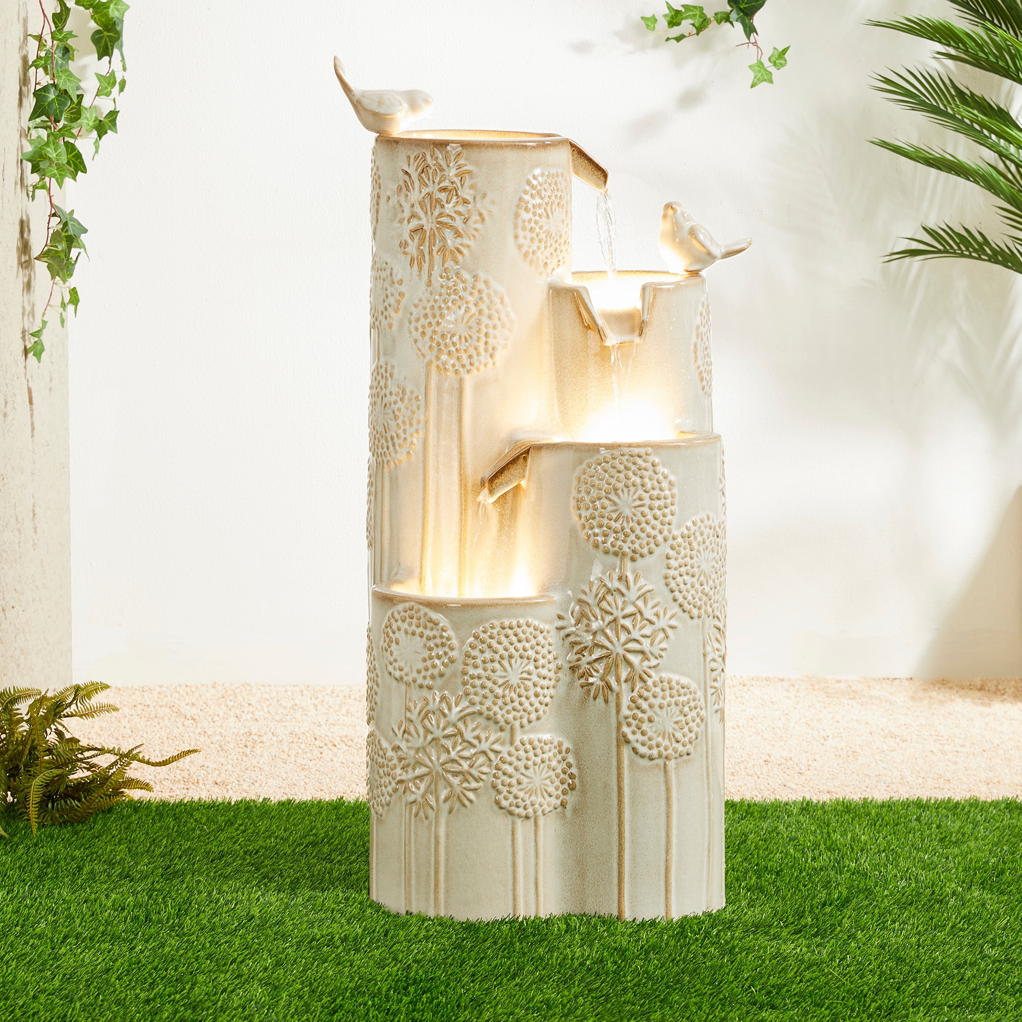 Glitzhome 2007300062 31.75-in H Ceramic Tiered Outdoor Fountain Pump Included