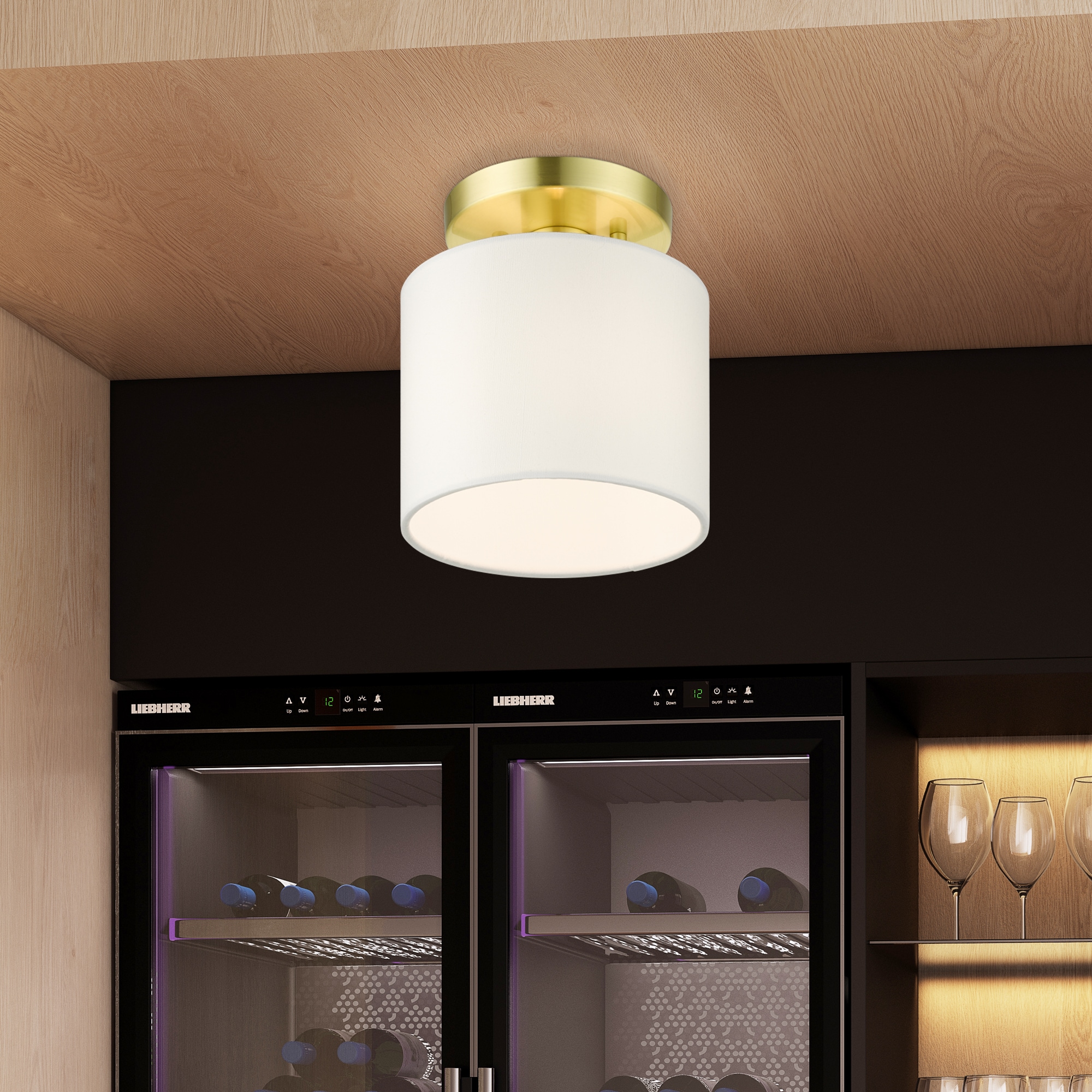 Meridian Petite Satin Brass Semi-Flush Mount with Off-White Drum Shade