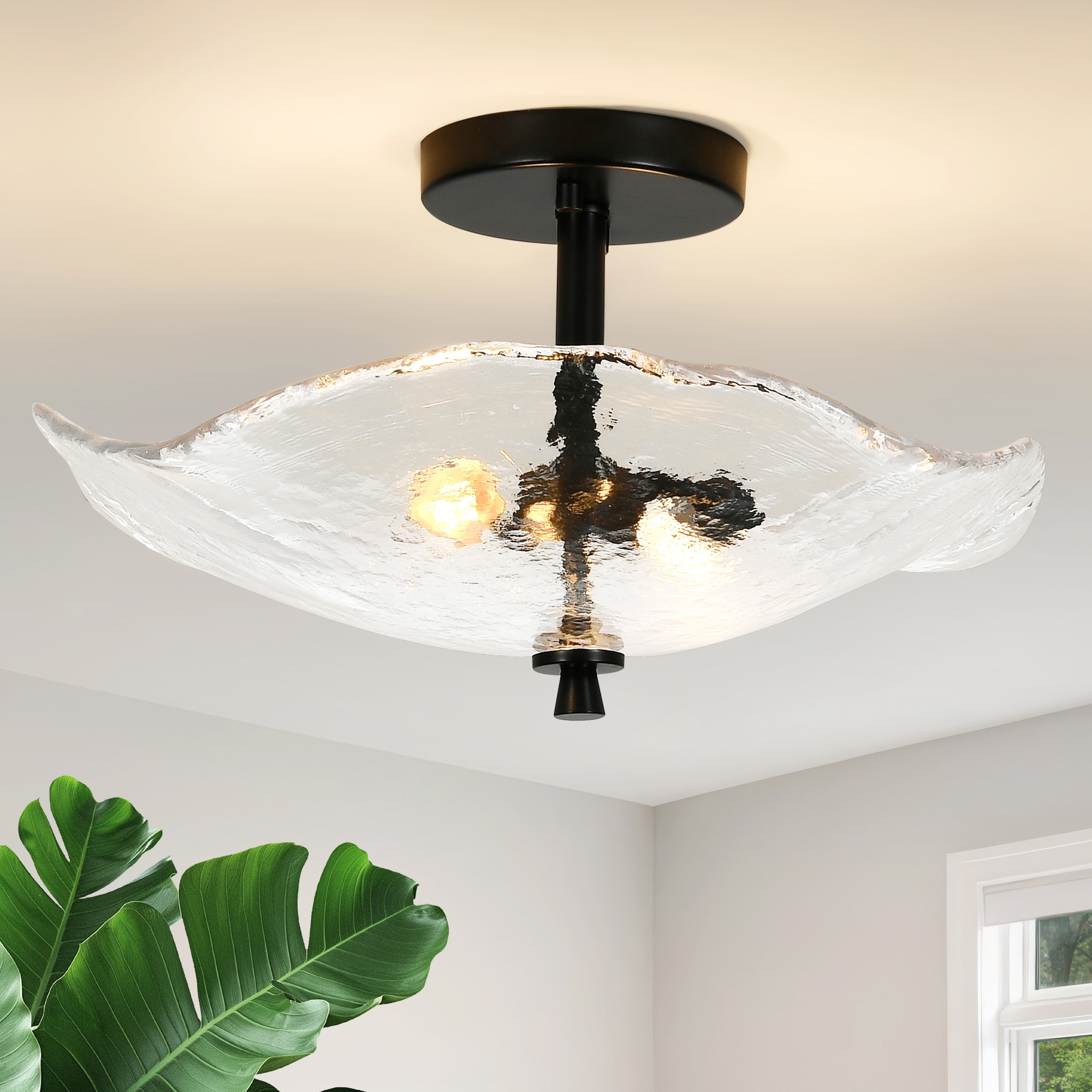 DAKAFUL 16.5 Inch 2-Light Matte Black Semi Flush Mount Ceiling Light with Clear Glass Shade Modern Close to Ceiling Light Fixture Indoor Flush Mount Lighting for Bathroom Bedroom Kitchen Hallway Entryway Dining Room