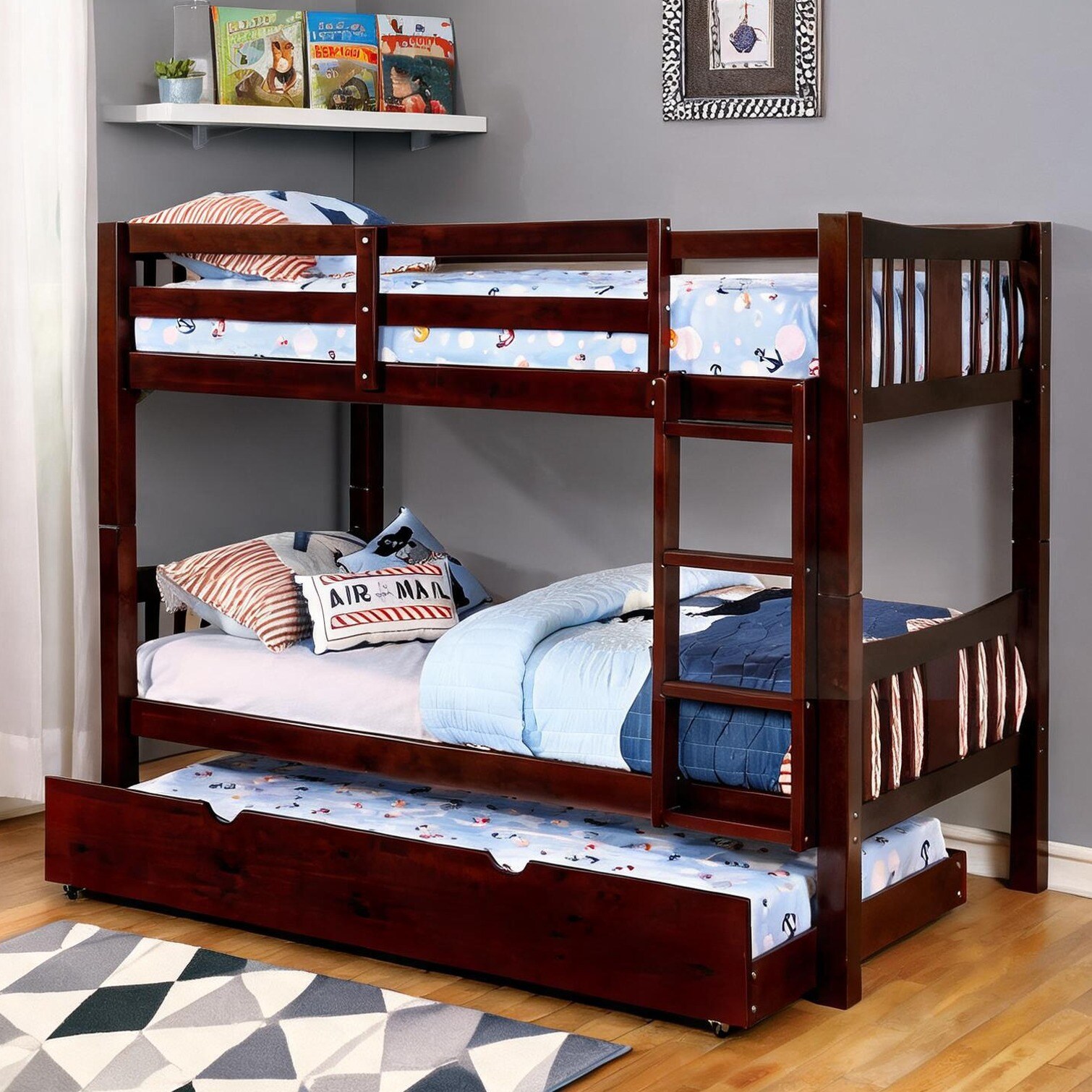SunJet Twin Over Twin Bunk Bed with Trundle Solid Wood Rich Brown Finish Attached Ladder