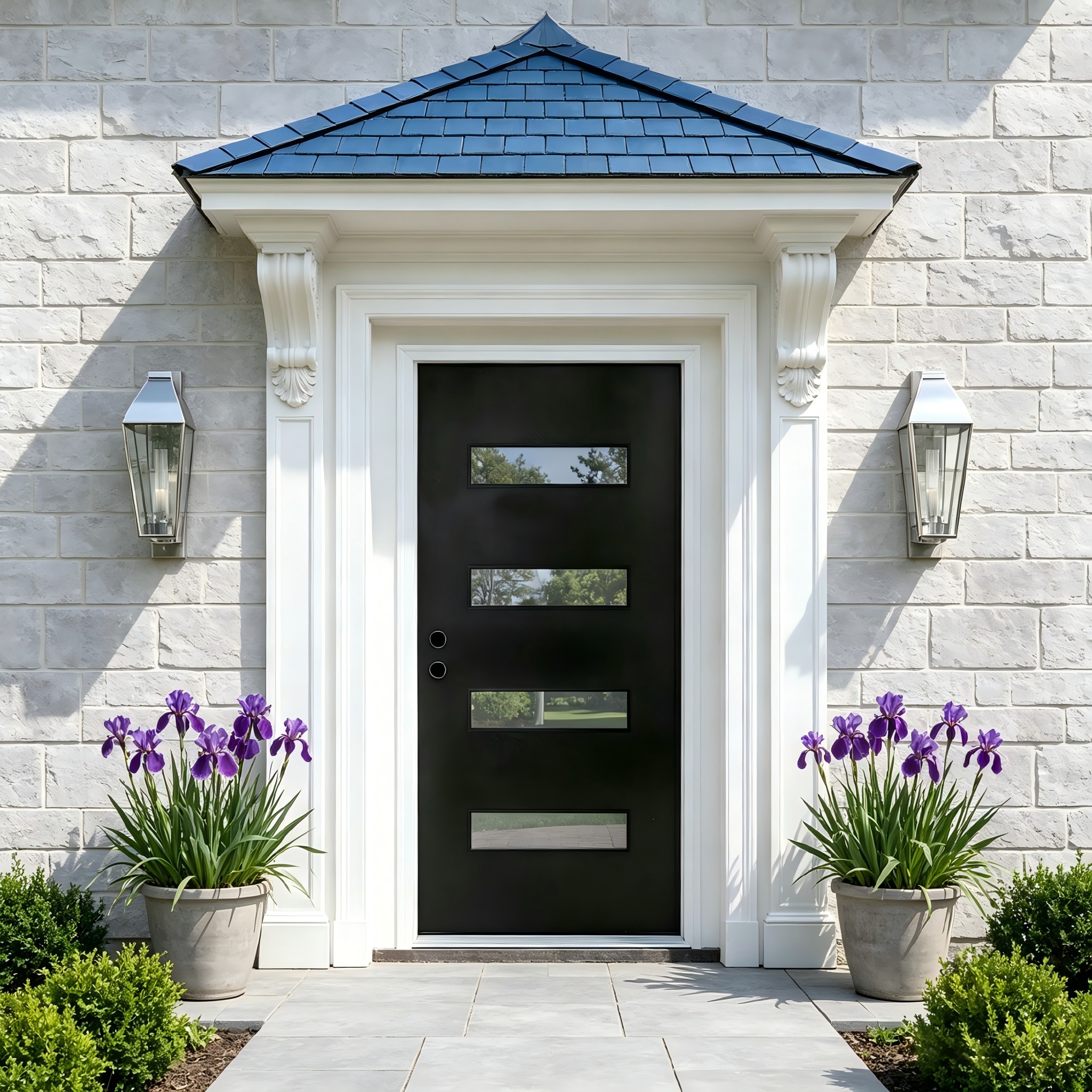 Misty Moon Contemporary 4-Lite Fiberglass Door 36-in x 80-in x 4-9/16-in Right hand inswing Black Painted Prehung Residential Front Door