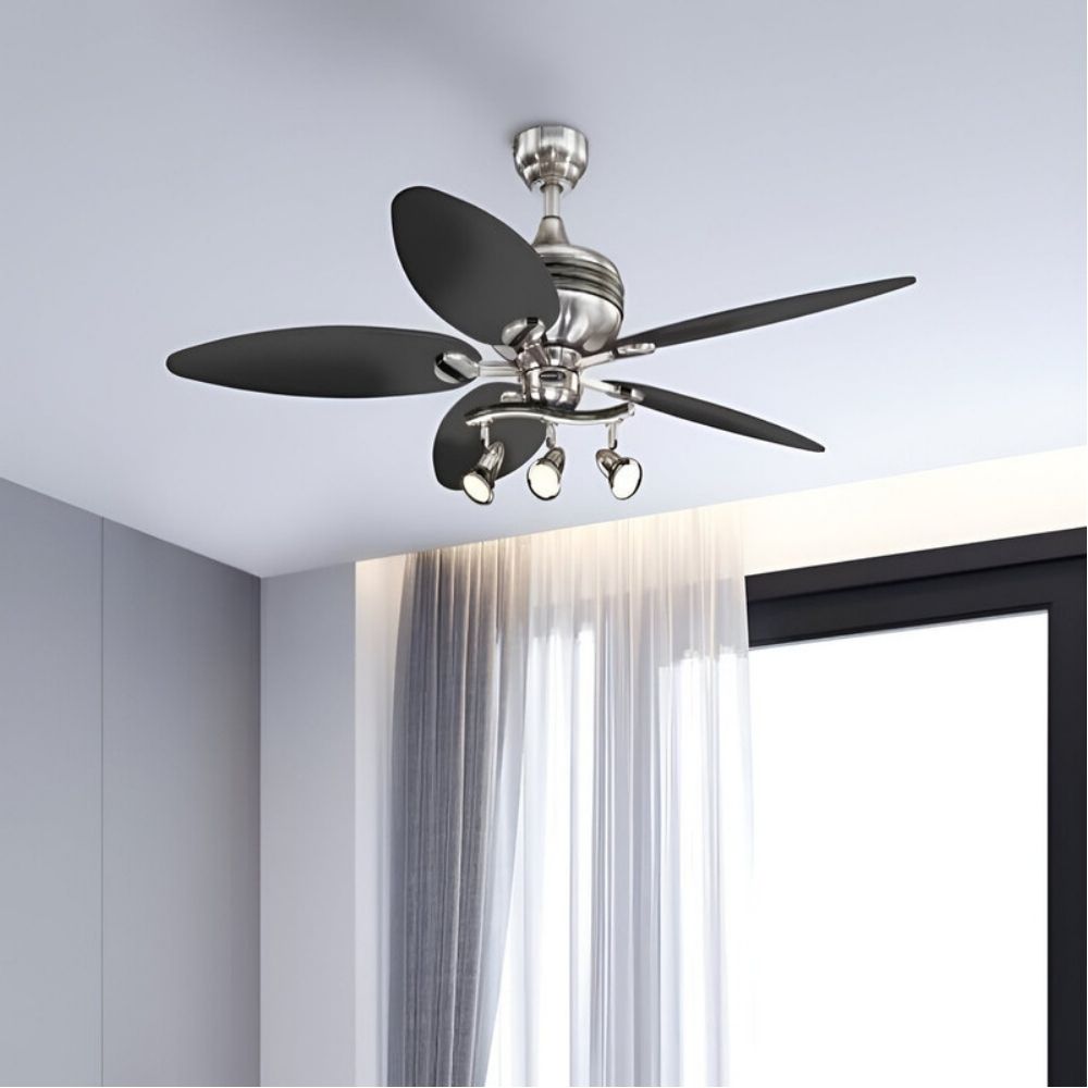 30'' Brushed Aluminum Ceiling Fan with Light Brown Blades and LED Light