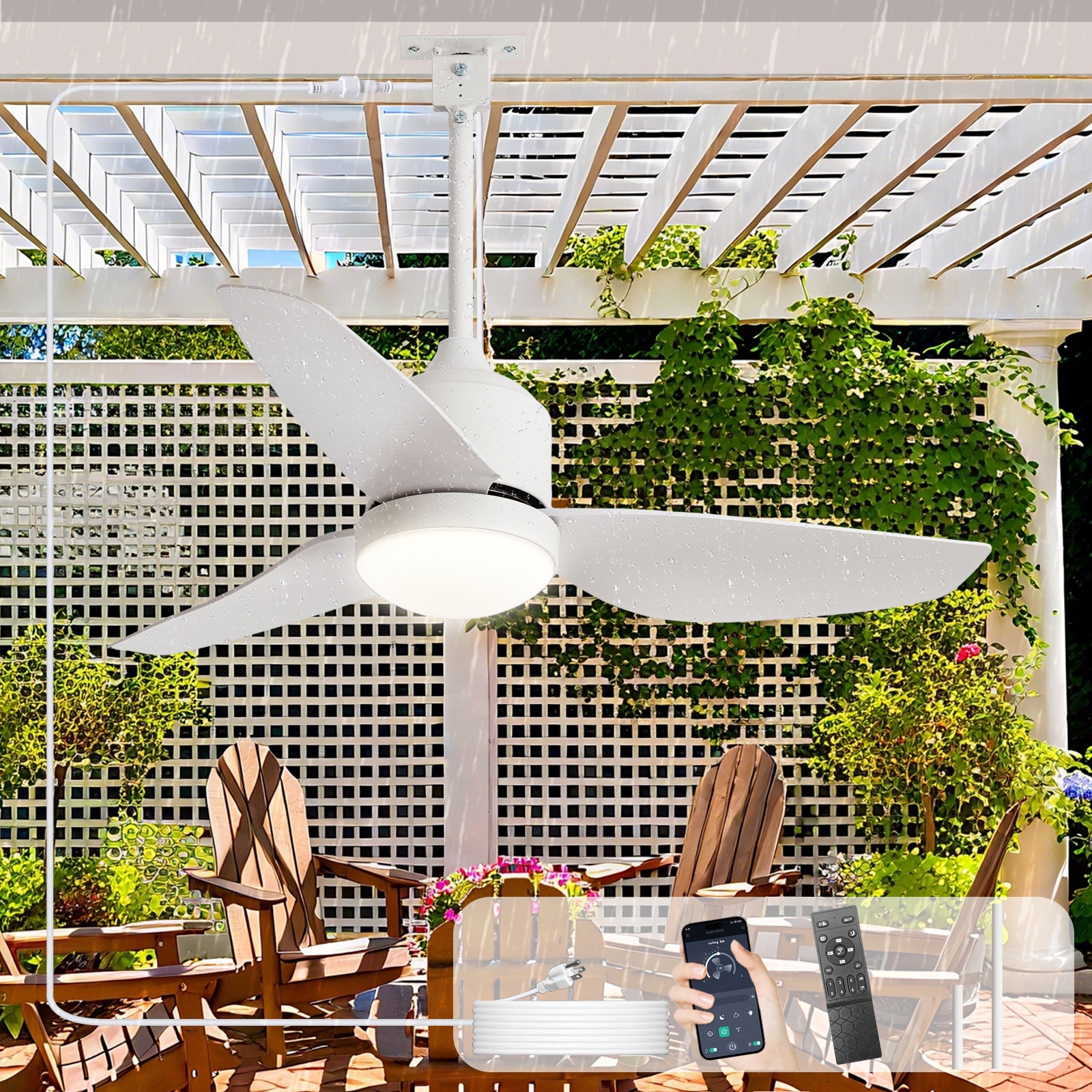 Depuley 184 42-in white with white Blades LED Covered Outdoor Fandelier Ceiling Fan With Light and Remote Control Included 3 -Blade