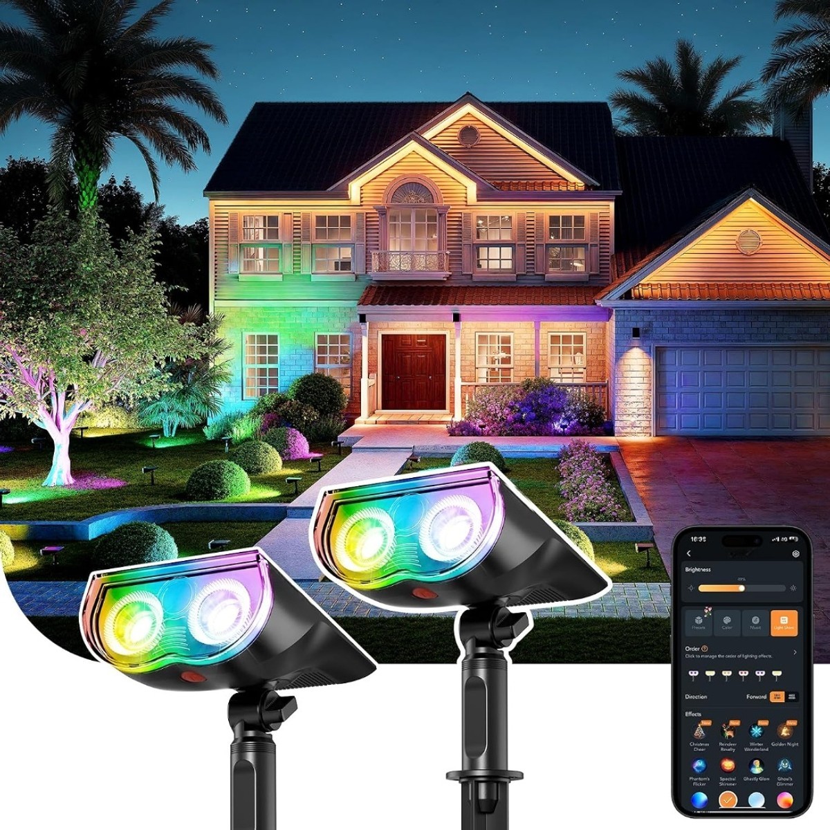 Jokupey  Color Changing Solar Spot Lights Outdoor 2 Pack with App and Voice Control IP67 Waterproof Landscape Lighting for Yard Garden Pathway 150 Lumens 16 Million Colors