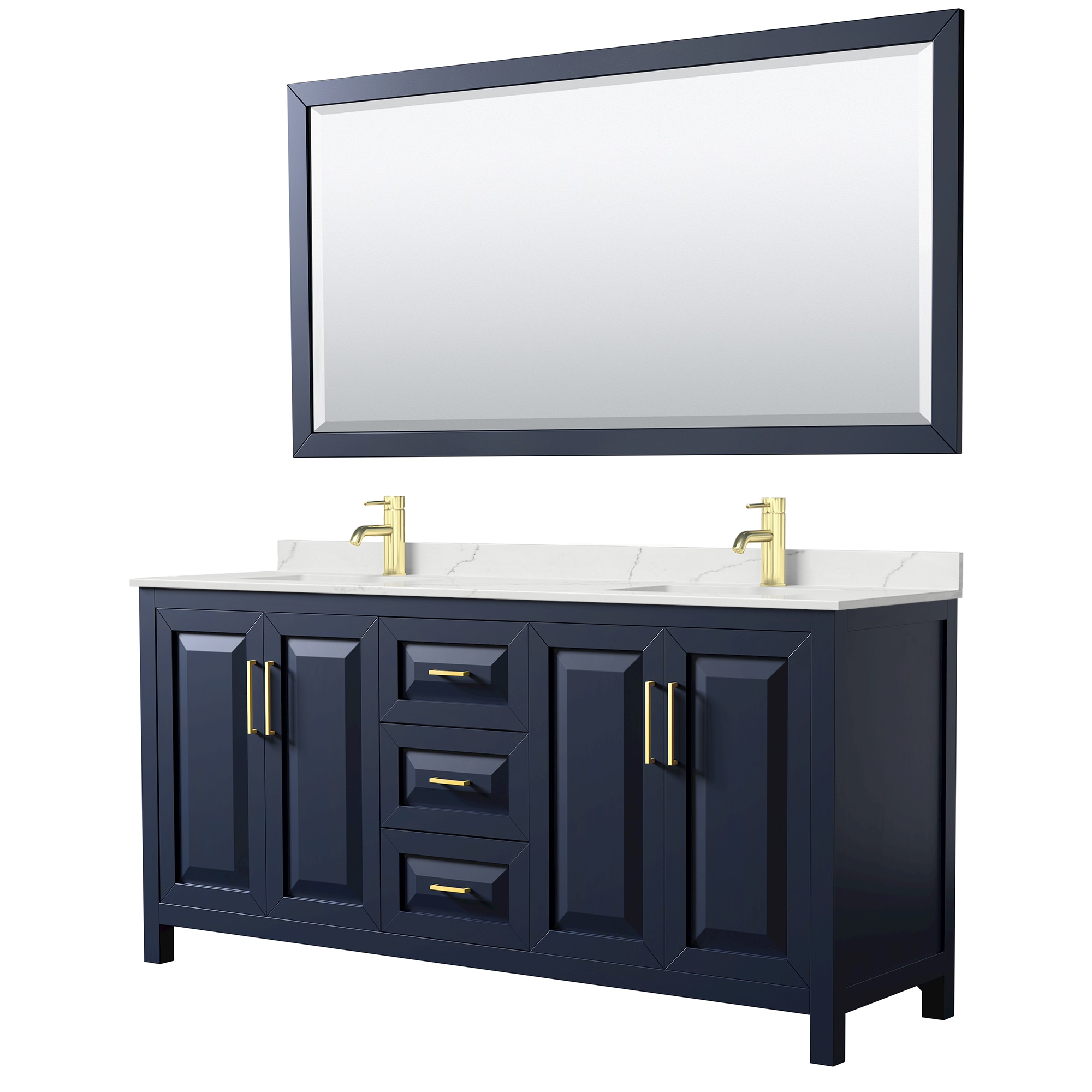 Wyndham Collection Daria 72-in Dark Blue with Brushed Gold Trim Undermount Double Sink Bathroom Vanity with Giotto Quartz Quartz Top (Mirror Included)