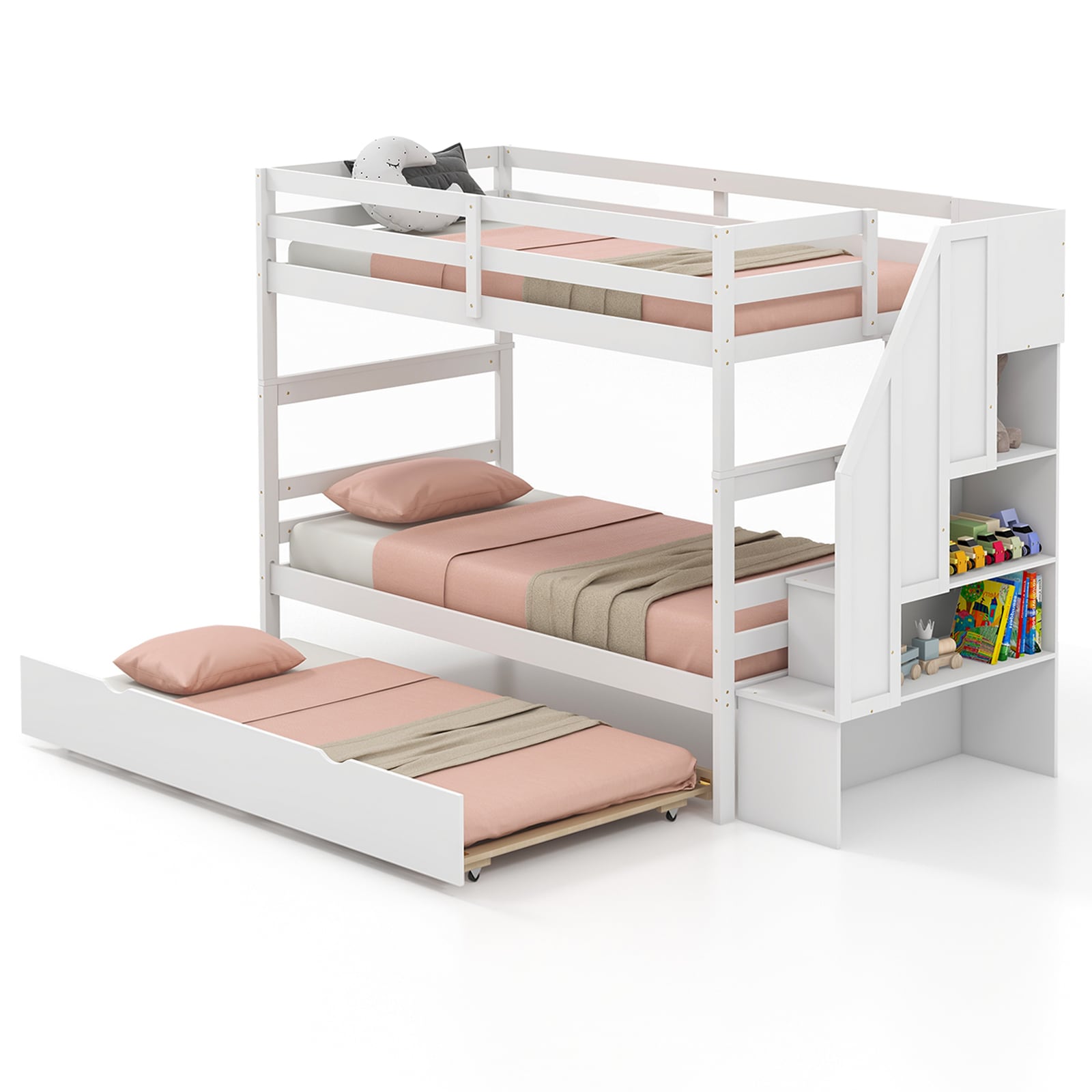 Fenbeli Triple Bunk Bed with Staircase and Trundle for Kids Bedroom Storage and Space Saving