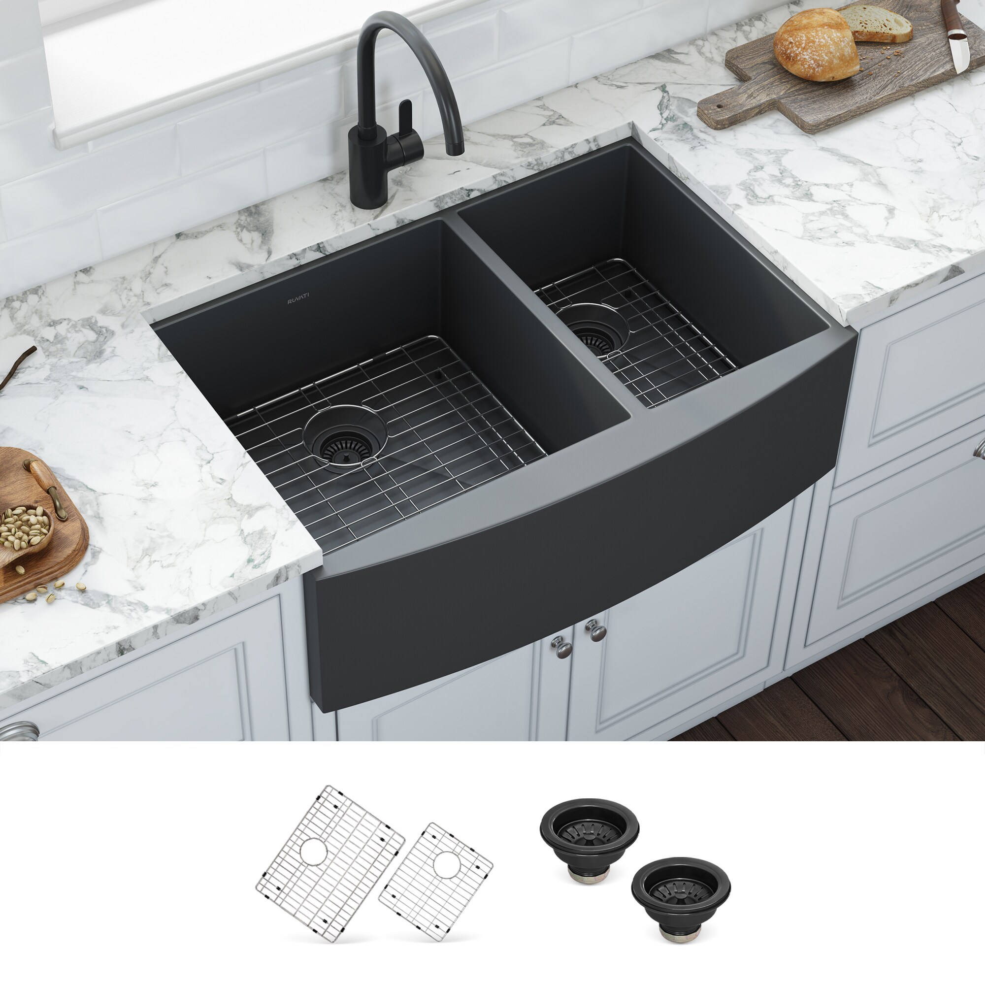 Ruvati RVH9742BL Terraza Undermount 33-in x 22-in Stainless steel Double offset bowl 16 -Gauge Kitchen Sink