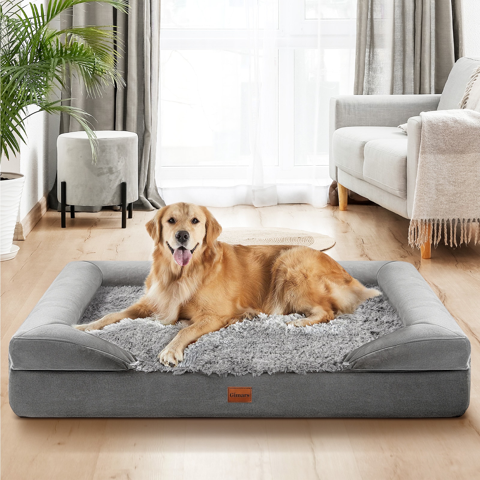 Gimars - 41x32in Large Orthopedic Dog Bed Waterproof Lining 28D Egg Crate Foam Supportive Bolster...
