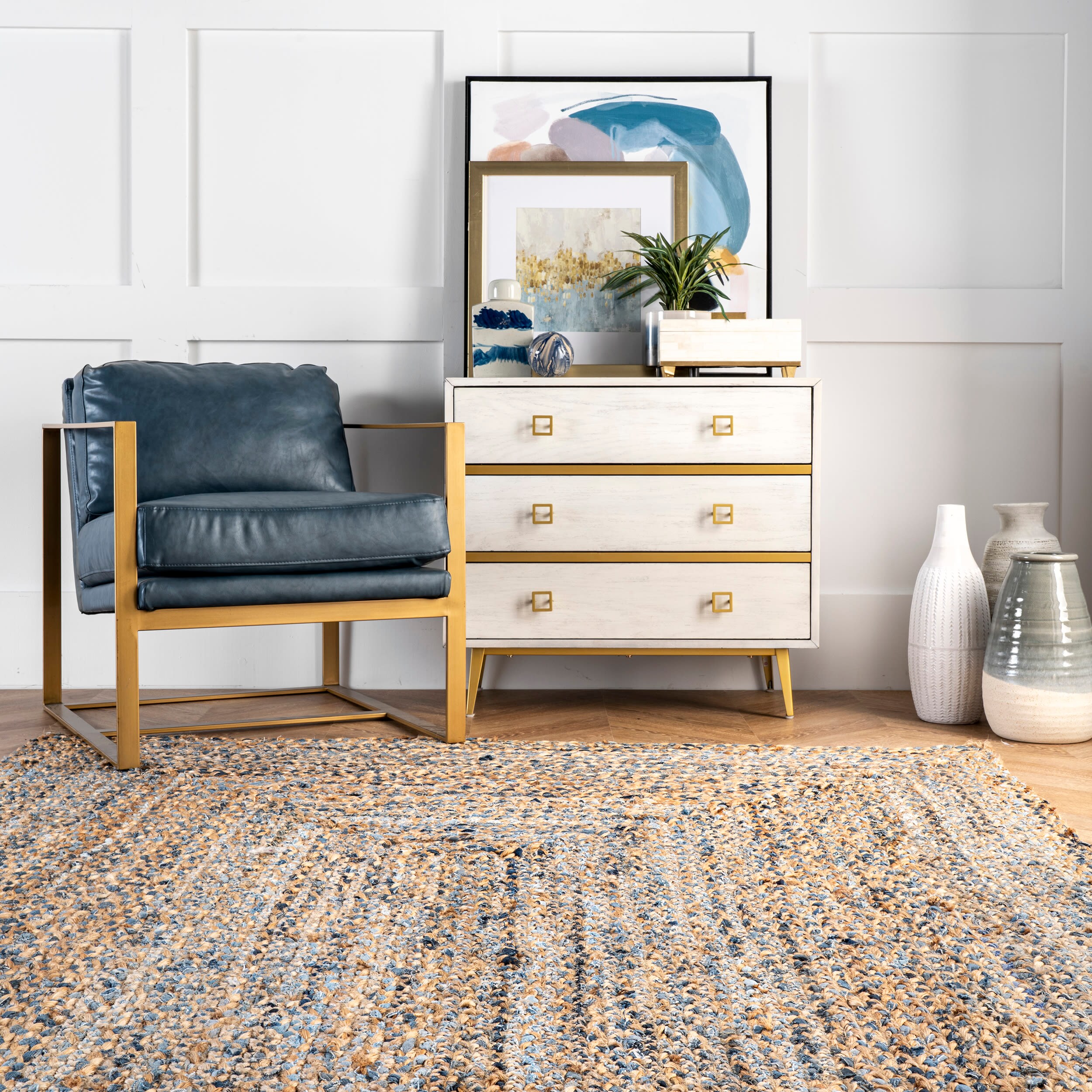 Handmade Blue and Beige Braided Cotton Rectangular Rug