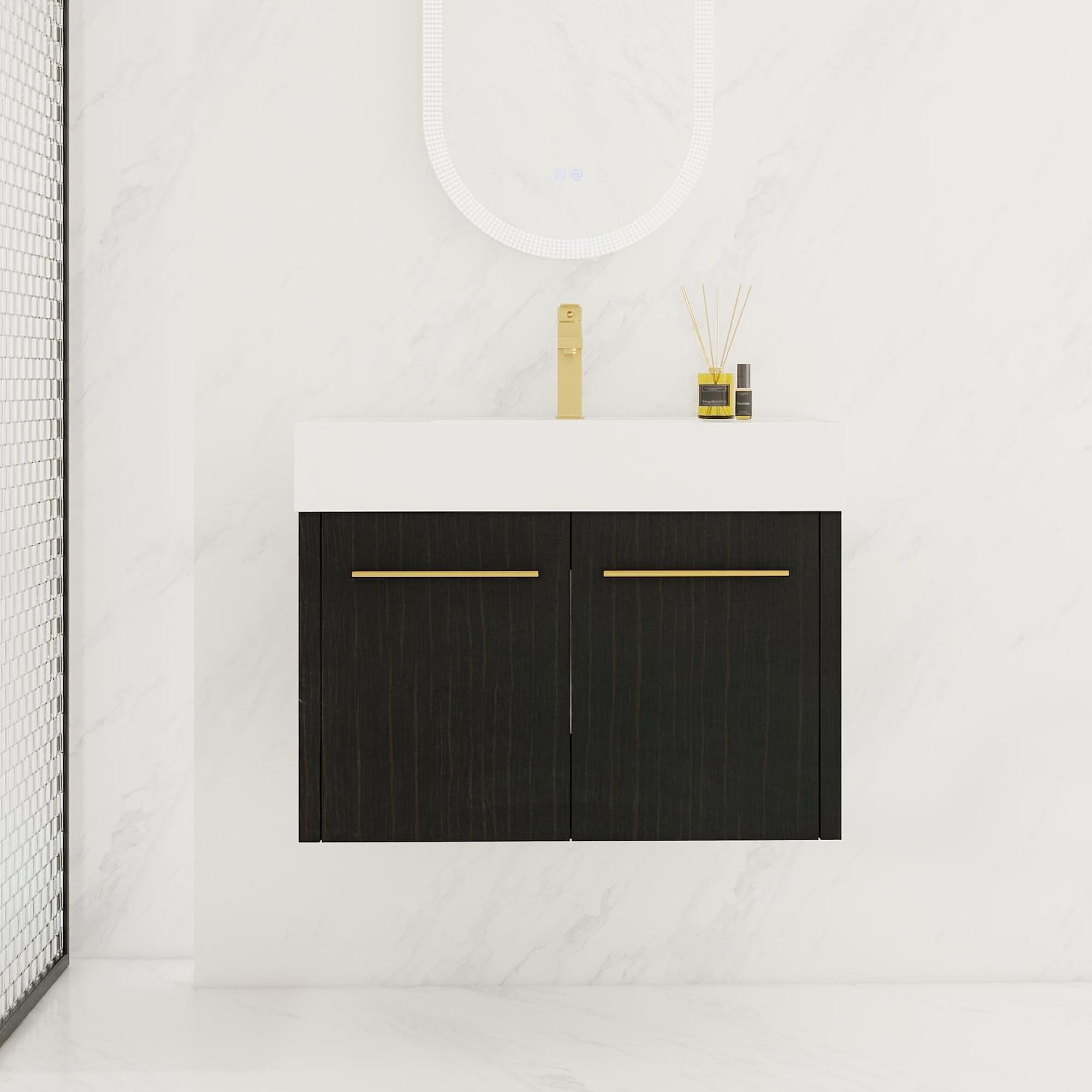 Forclover QNM-0730-MGW 30-in Black Chestnut Single Sink Floating Bathroom Vanity with White Cultured Marble Top