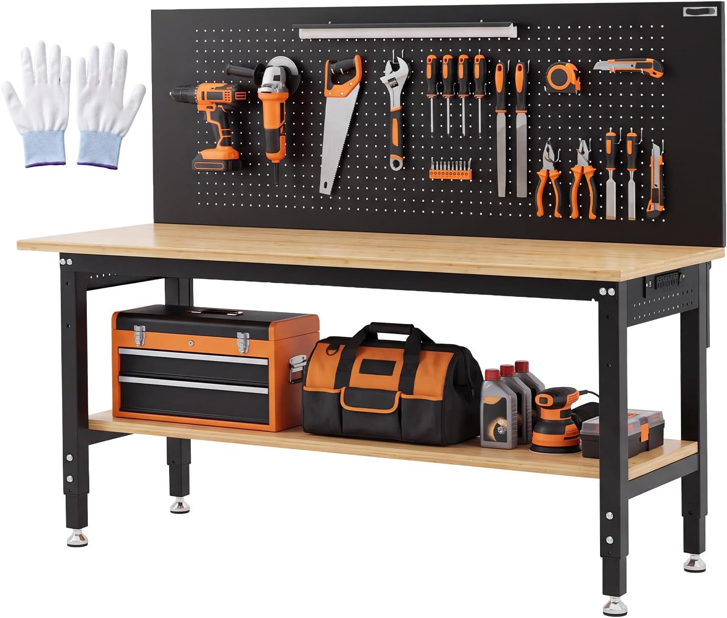 IdealHouse 60 x 22 in Garage Work Bench with Storage Pegboard and Power Strip 2000 lbs Heavy Duty Adjustable Workbench LED Light and ETL Outlets for Garage Workshop Rubberwood Top With A pair of gloves
