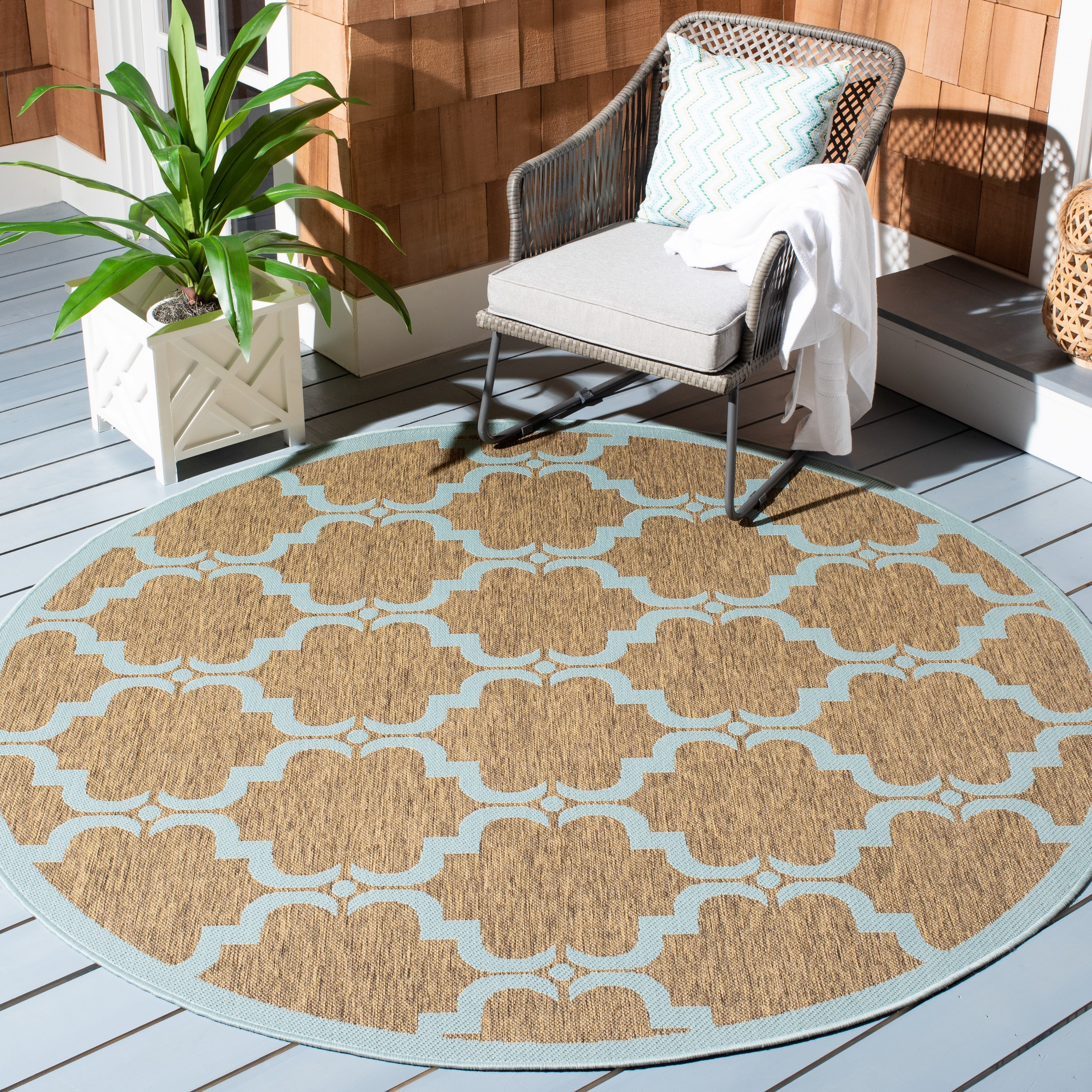 Safavieh CY6009-337-5R Courtyard Aldo 5 x 5 (ft) Loomed Polypropylene Brown and Aqua Round Indoor/Outdoor Trellis Coastal Area rug