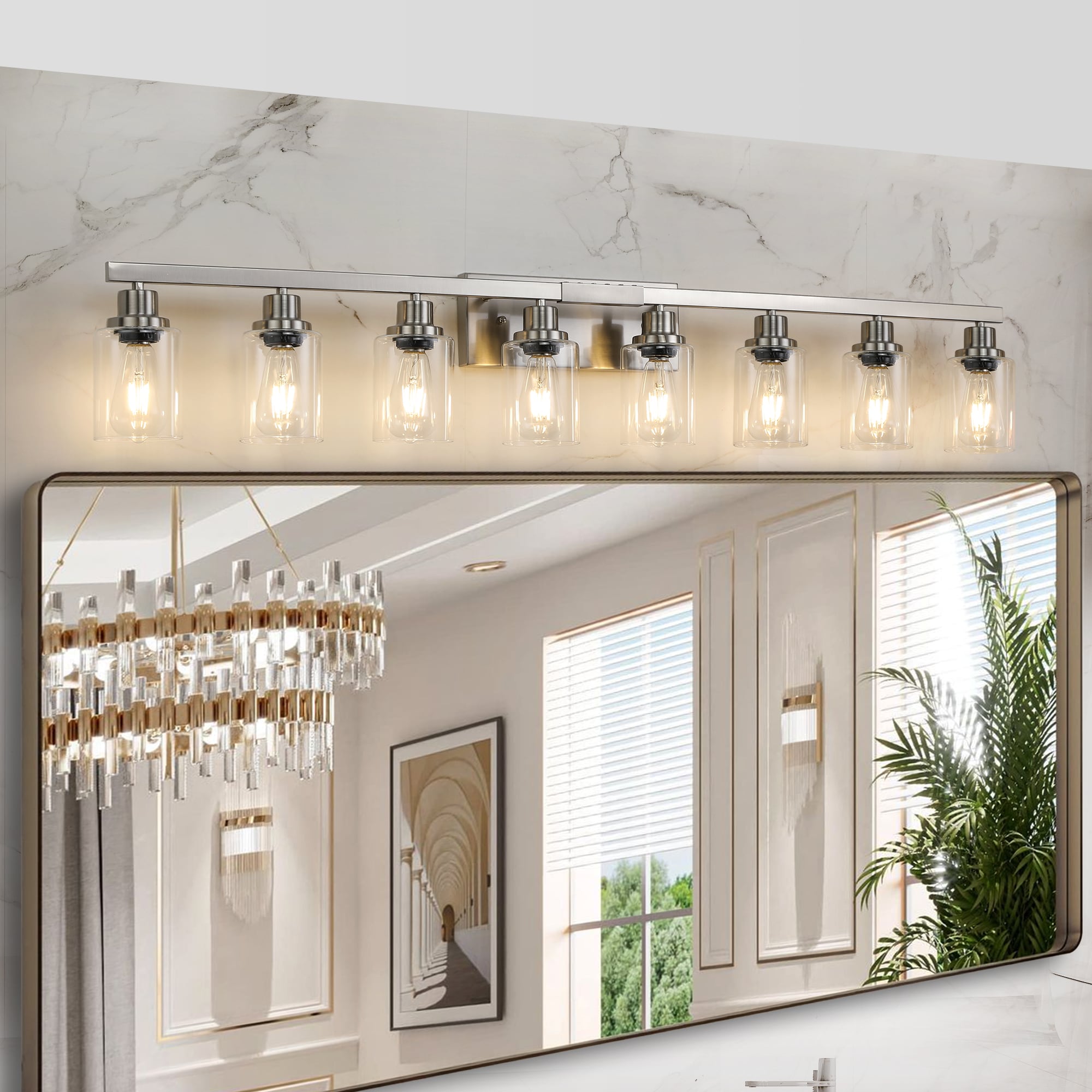 LOBREG  Modern Brushed Nickel Metal Vanity Light with Clear Glass Shades 51 in 8 Lights E26 Base Bathroom Wall Fixture (No Bulbs)