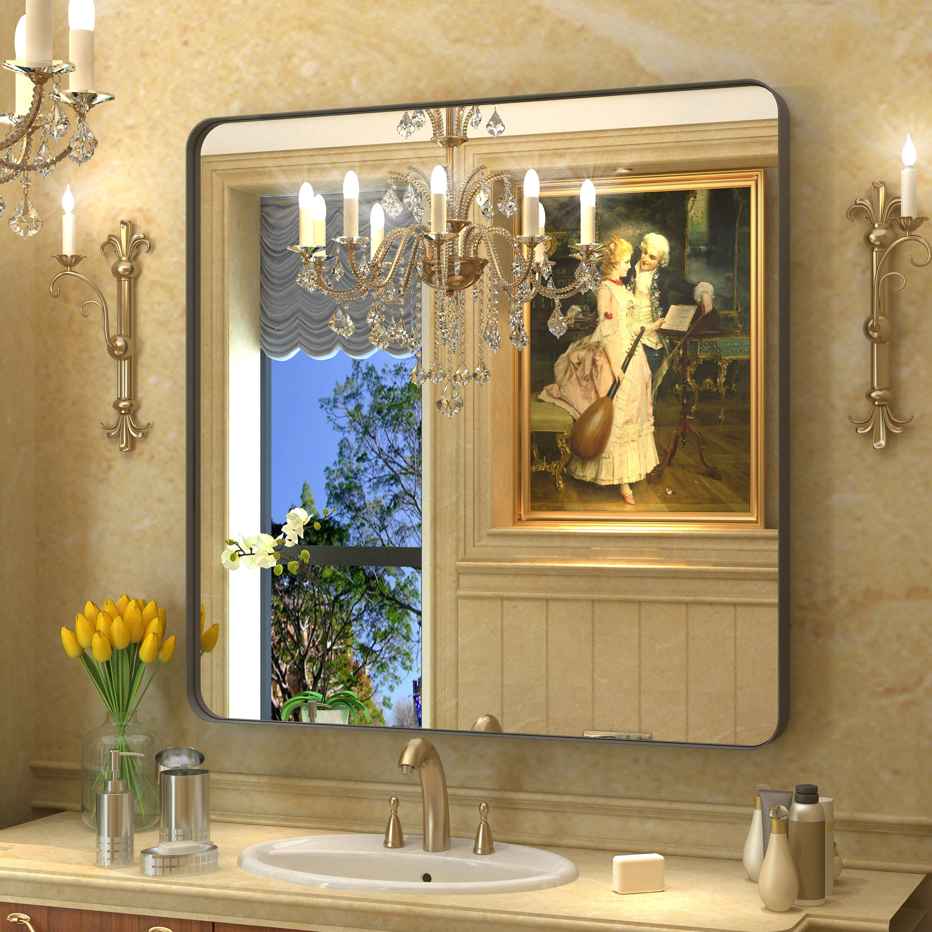 Yulika Ptjz 36-in x 36-in Framed Square Bathroom Vanity Mirror ( Black )