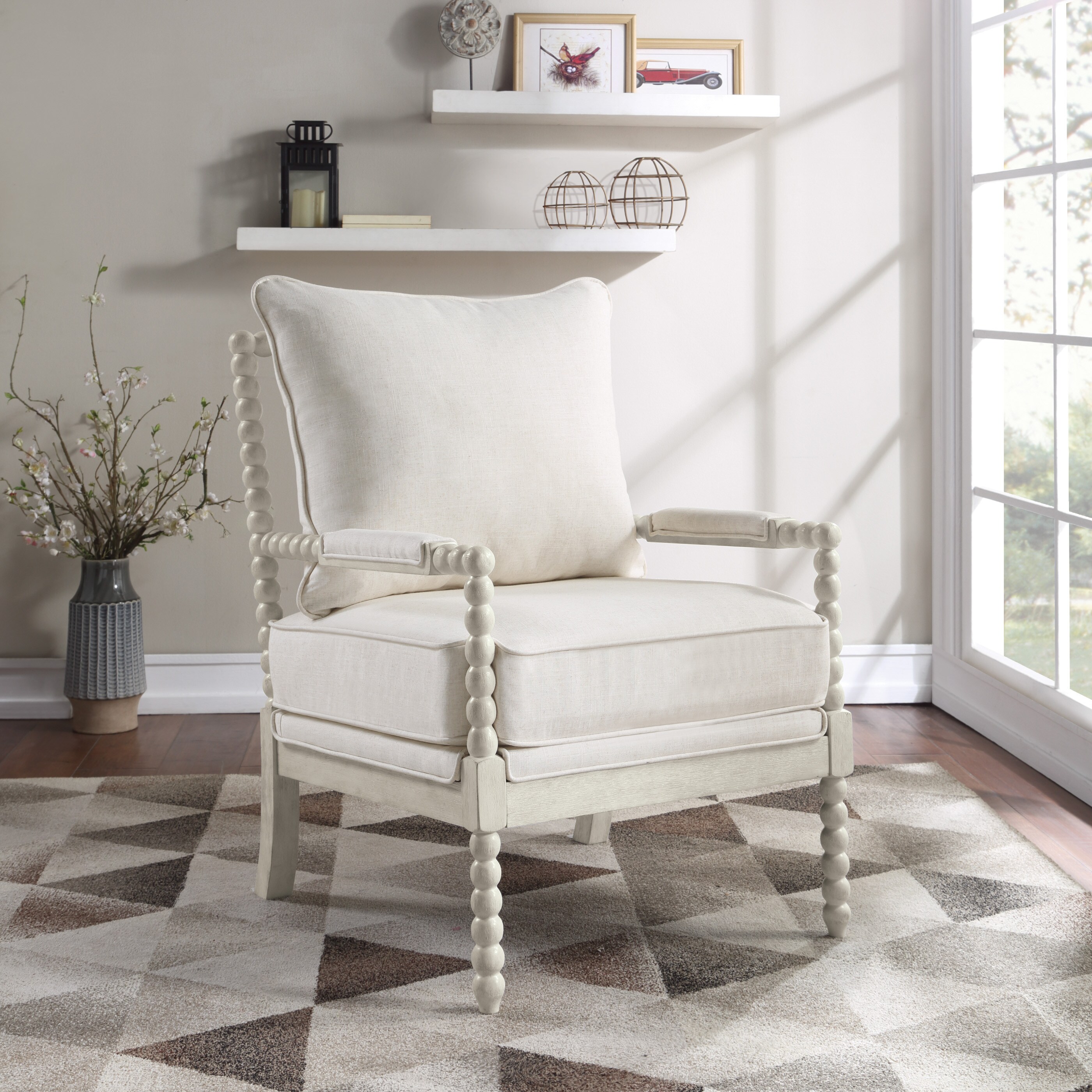Kaylee Linen Beige Spindle Chair with White Wood Frame